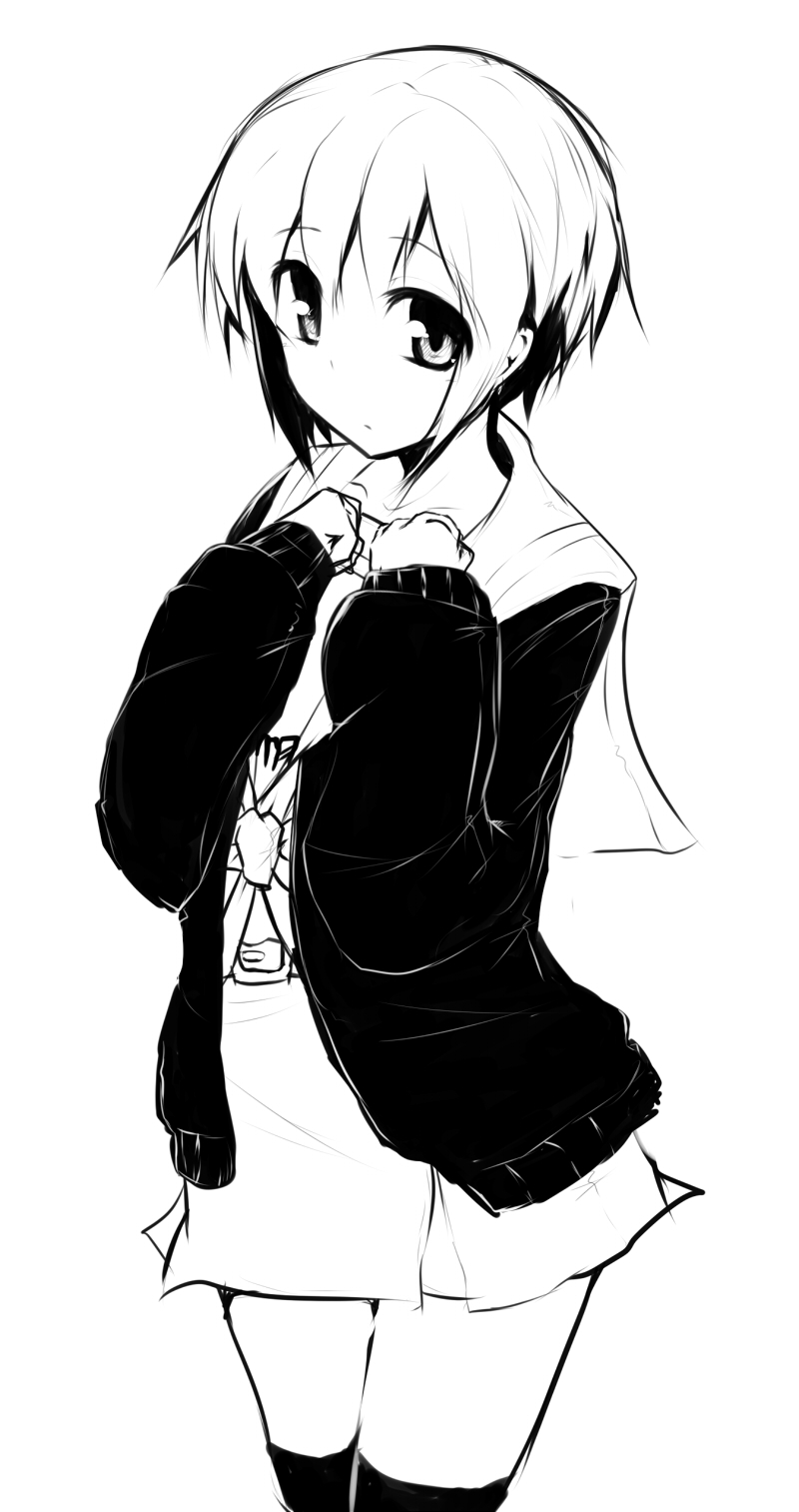 surikogi, nagato yuki, suzumiya haruhi no yuuutsu, highres, 00s, cardigan, greyscale, monochrome, school uniform, serafuku, short hair, solo, thighhighs