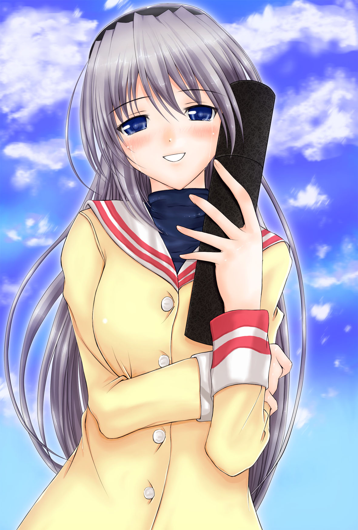 mikuni mizuki, sakagami tomoyo, clannad, silver hair, bad id, bad pixiv id, highres, 00s, 1girl, blue eyes, blush, breasts, female focus, graduation, hairband, large breasts, long hair, school uniform, sky, solo, tears, tube
