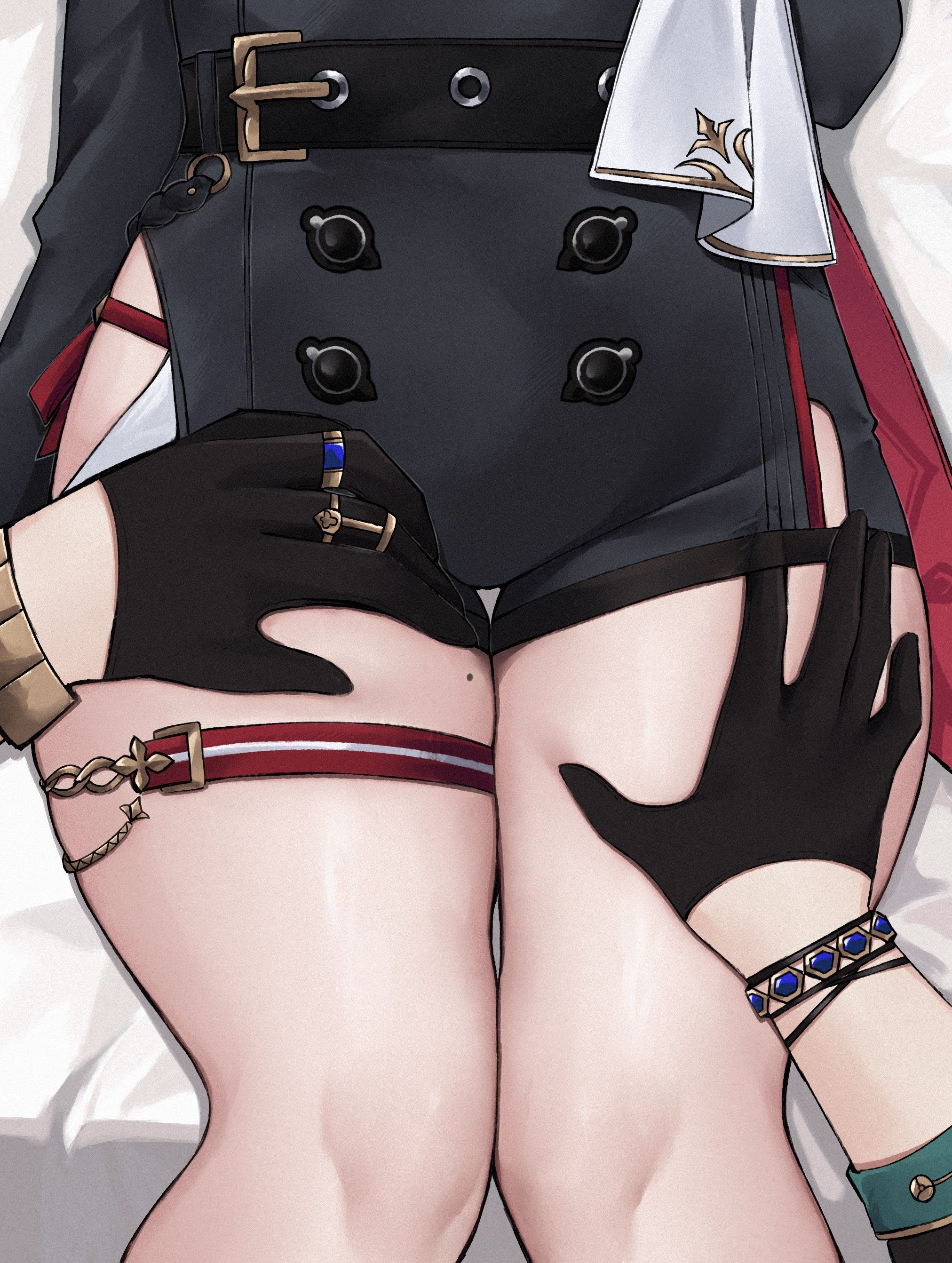 miclipse, aventurine (honkai: star rail), topaz (honkai: star rail), honkai: star rail, honkai (series), absurdres, commentary, english commentary, highres, 1boy, 1girl, bed sheet, black gloves, bracelet, gloves, good thighs day, hand on another's thigh, jewelry, lower body, pov, pov hands, ring, thigh focus, thigh grab, thigh strap, thighs