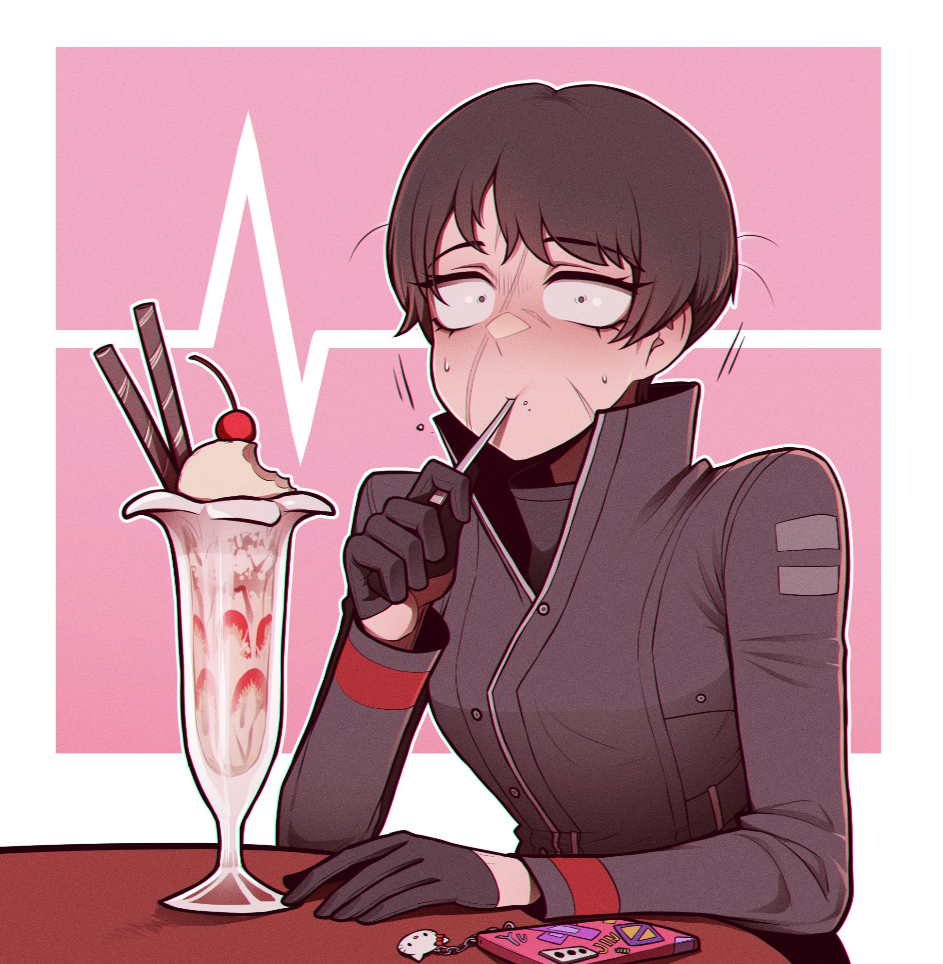 misg1111, yujin (project moon), library of ruina, project moon, highres, 1girl, black gloves, black hair, black jacket, blush, cardiogram, caught, cellphone, closed mouth, ear blush, eating, food, gloves, jacket, looking at viewer, parfait, phone, scar, scar on face, shi association south uniform, short hair, smartphone, solo, surprised, wide-eyed