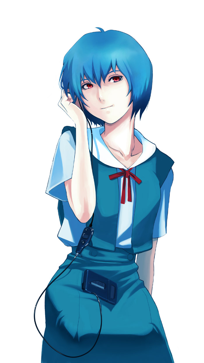 takemaru08, ayanami rei, neon genesis evangelion, walkman, highres, blue hair, red eyes, school uniform, short hair, simple background, solo, tokyo-3 middle school uniform