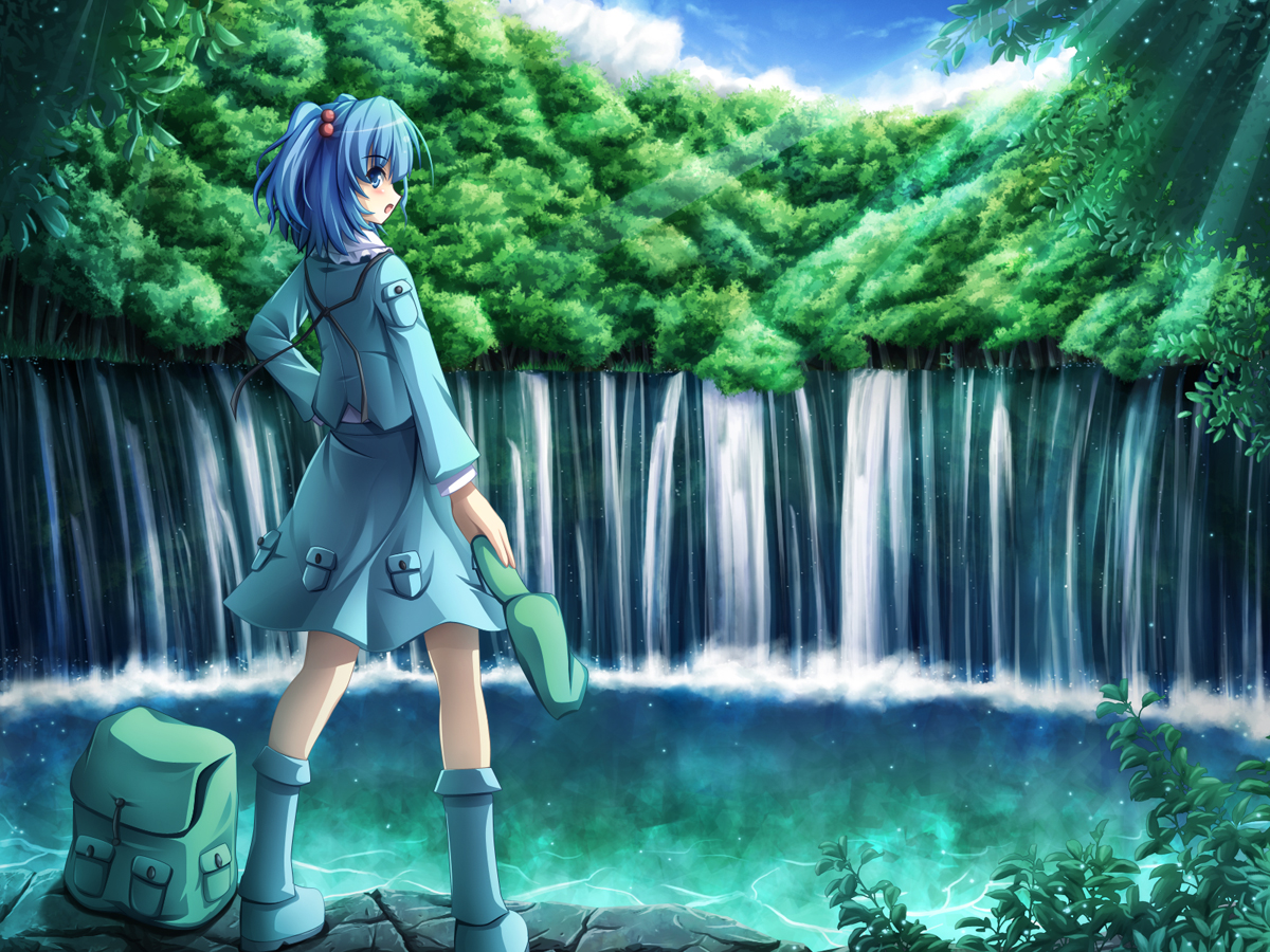 akashio (loli ace), kawashiro nitori, touhou, bad id, bad pixiv id, 1girl, backpack, bag, blouse, blue boots, blue shirt, boots, female focus, green hat, hand on own hip, hat, holding, holding unworn clothes, holding unworn hat, legs apart, nature, pocket, rubber boots, shirt, solo, two side up, unworn backpack, unworn bag, unworn hat, unworn headwear, water, waterfall