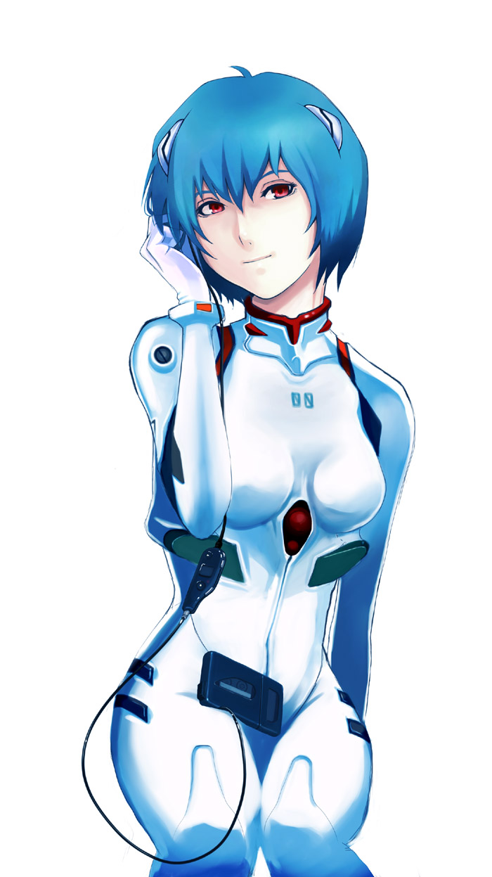 takemaru08, ayanami rei, neon genesis evangelion, walkman, highres, blue hair, earphones, mecha pilot suit, plugsuit (evangelion), red eyes, short hair, simple background