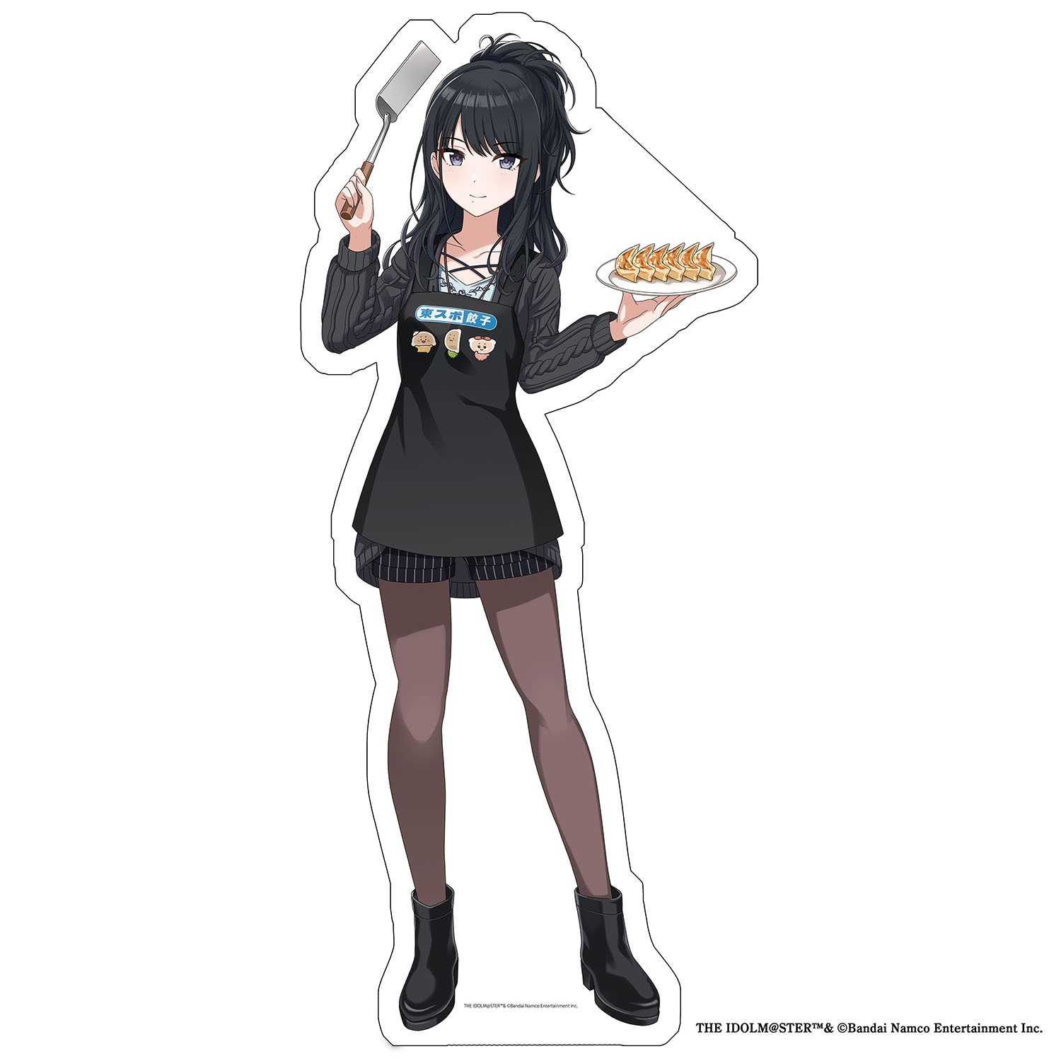 kazano hiori, idolmaster, idolmaster shiny colors, official art, promotional art, 1girl, apron, black hair, boots, english text, food, full body, grey eyes, high heel boots, high heels, holding, japanese text, outline, pantyhose, plate, short shorts, shorts, smile, solo, spatula