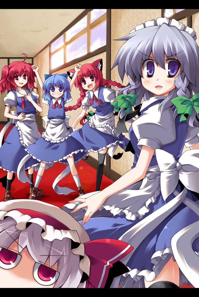utsurogi angu, cirno, izayoi sakuya, kaenbyou rin, onozuka komachi, remilia scarlet, touhou, black legwear, light purple hair, >:), >:o, 5girls, :d, :o, ahoge, alternate costume, animal ears, apron, arms up, blue eyes, blue hair, bow, braid, breasts, cat ears, chibi, cleavage, clenched hands, completely unamused, enmaided, frills, hair bow, hair ribbon, hand on own chest, hat, hat bow, letterboxed, looking at viewer, looking back, maid, maid apron, maid headdress, medium breasts, mob cap, multiple girls, no wings, open mouth, puffy short sleeves, puffy sleeves, red eyes, red hair, ribbon, short hair, short sleeves, short twintails, smile, standing, standing on one leg, thighhighs, tress ribbon, twin braids, twintails, two side up, unamused, v-shaped eyebrows, waist apron, window, zettai ryouiki