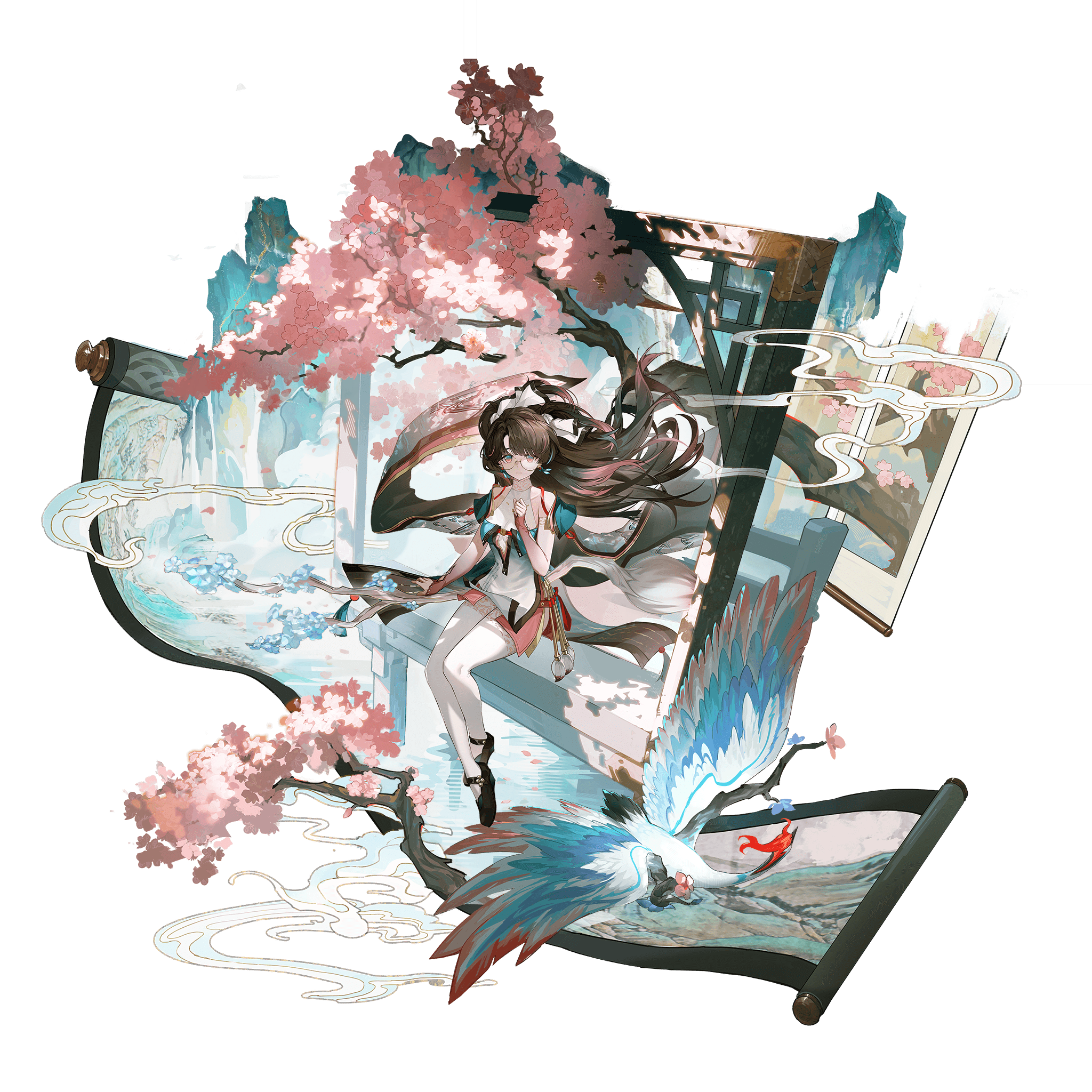 wuthering waves, highres, official art, 1girl, aqua dress, bare shoulders, black shoes, blue eyes, bodystocking, bow, breasts, brown hair, cherry blossoms, closed mouth, detached sleeves, dress, floating hair, full body, glasses, hair bow, hand up, legs together, long hair, looking at viewer, medium breasts, multicolored eyes, multiple hair bows, paintbrush, pink eyes, round eyewear, semi-rimless eyewear, shoes, sitting, solo, transparent background, two-tone eyes, very long hair, white bow, wide shot