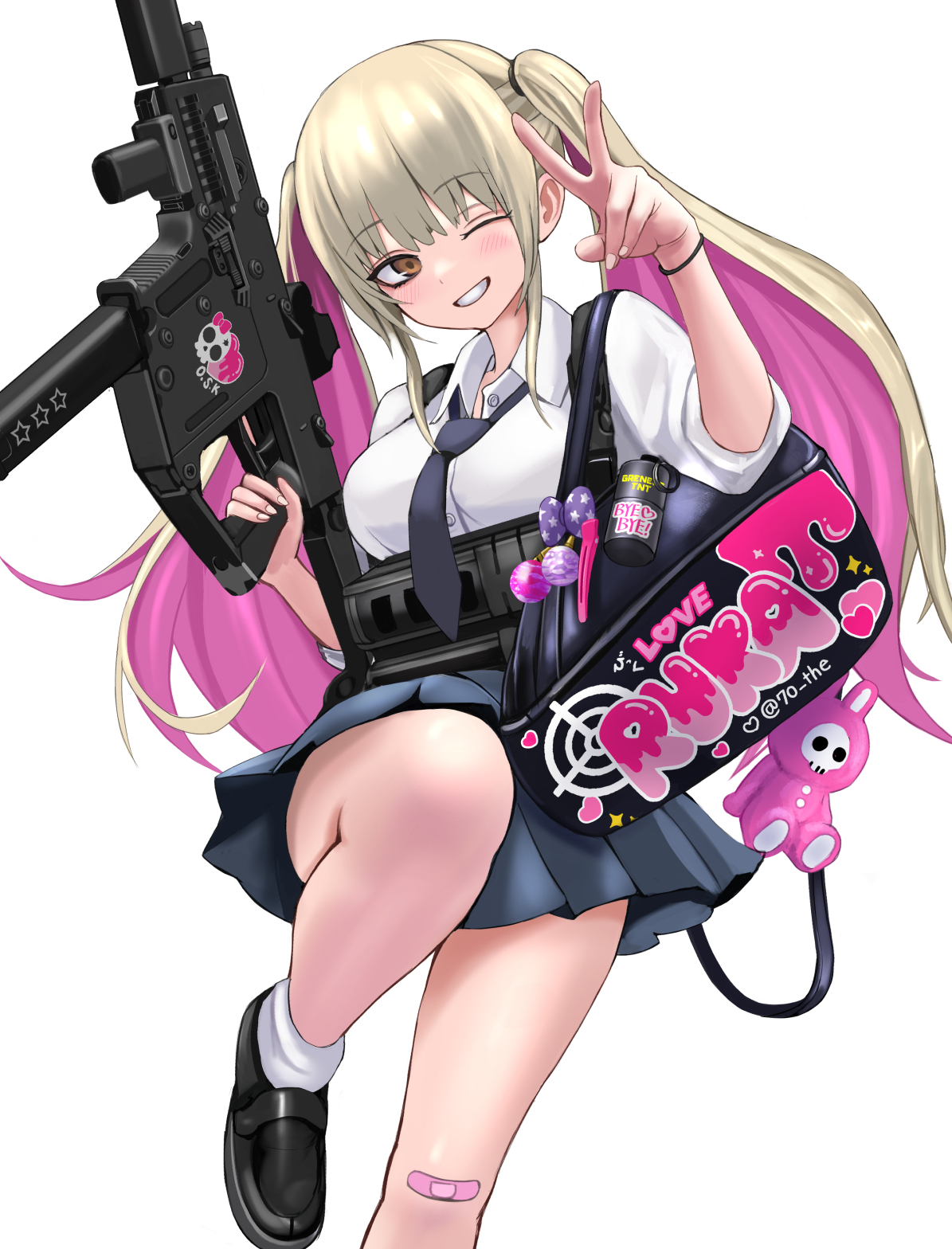 sunao (70 the), original, commentary request, highres, 1girl, assault rifle, bag, black necktie, black shoes, blonde hair, blue skirt, bracelet, braid, breasts, gun, holding, holding gun, holding weapon, jewelry, long hair, medium breasts, necktie, one eye closed, red eyes, rifle, school uniform, shoes, single braid, skirt, smile, socks, solo, standing, teeth, twintails, v, weapon, white background, white socks