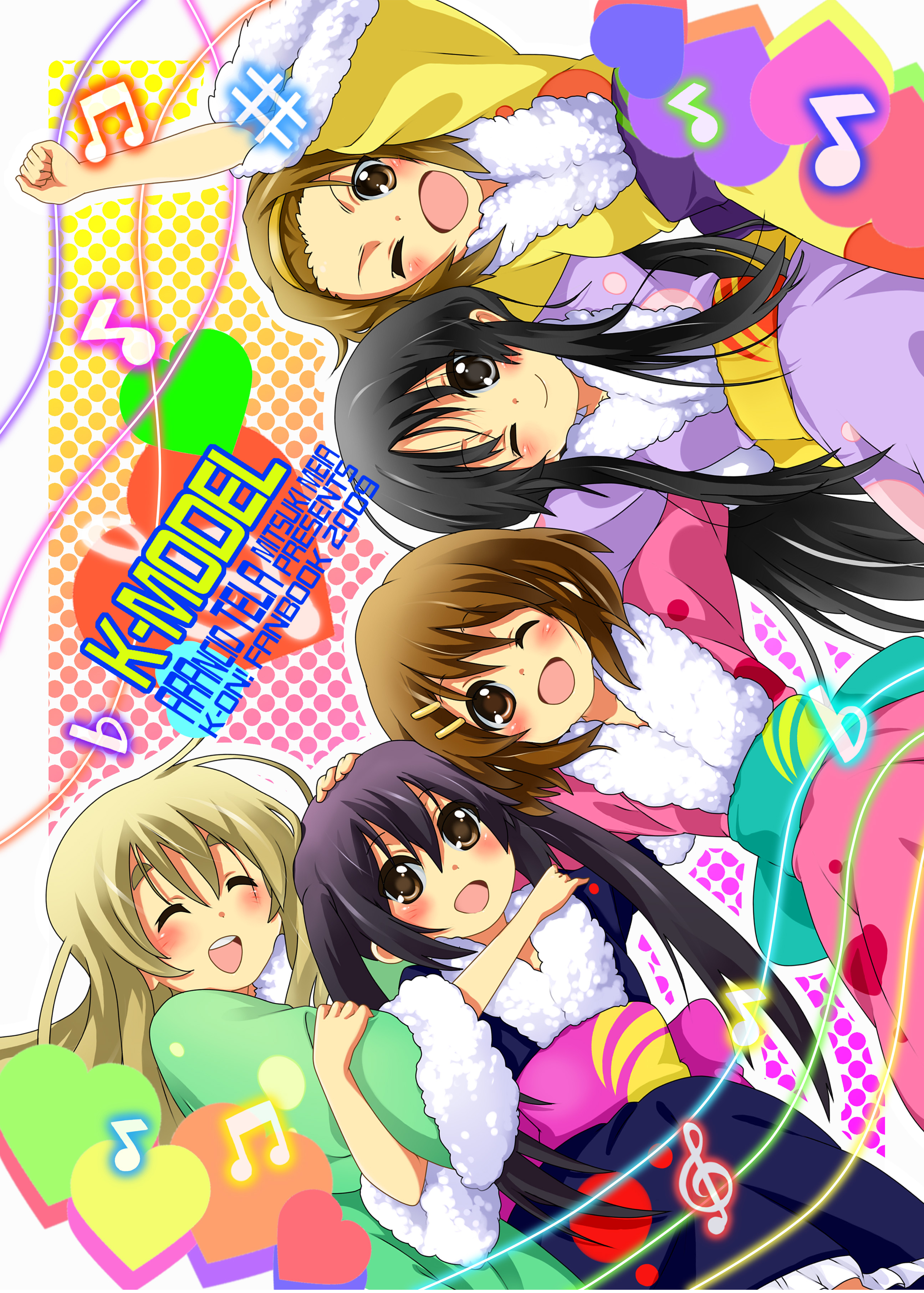 mitsuki meia, akiyama mio, hirasawa yui, kotobuki tsumugi, nakano azusa, tainaka ritsu, k-on!, absurdres, highres, 00s, 5girls, black eyes, black hair, blonde hair, brown eyes, brown hair, clenched hand, closed eyes, costume, from below, ho-kago tea time, japanese clothes, kimono, long hair, looking down, multiple girls, musical note, one eye closed, raised fist, short hair, short kimono, short yukata, twintails, wink, yukata