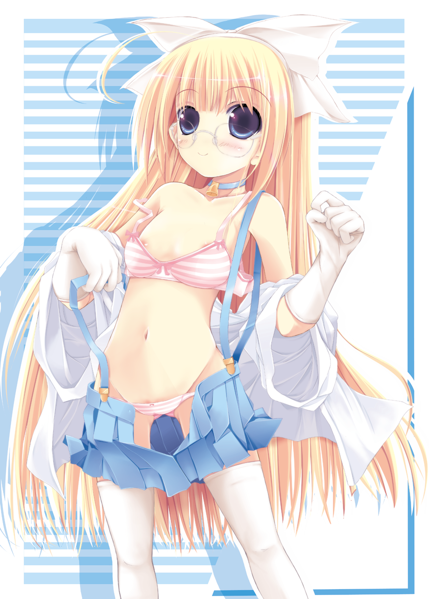 kuon itsuki, original, bad id, bad pixiv id, highres, 1girl, ahoge, bare shoulders, bell, blonde hair, blue eyes, blush, bow, bra, choker, collar, female focus, flat chest, glasses, gloves, hair bow, lingerie, long hair, navel, neck bell, nipple slip, nipples, open clothes, open skirt, panties, pussy, pussy peek, skirt, smile, solo, strap slip, striped bra, striped clothes, striped panties, suspenders, thighhighs, underwear, undressing, very long hair, white gloves, white thighhighs, zettai ryouiki
