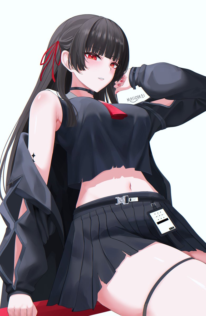 massoukei, chisa (wuthering waves), wuthering waves, commentary, highres, 1girl, arm cutout, artist name, bare shoulders, black choker, black jacket, black serafuku, black shirt, black skirt, blunt bangs, breasts, choker, chromatic aberration, clothes down, clothing cutout, fingernails, from below, hair ribbon, jacket, large breasts, long sleeves, looking at viewer, midriff, mole, mole under eye, nail polish, navel, neckerchief, parted lips, red eyes, red nails, red neckerchief, red ribbon, ribbon, school uniform, serafuku, shirt, simple background, skirt, solo, thigh strap, thighs, white background