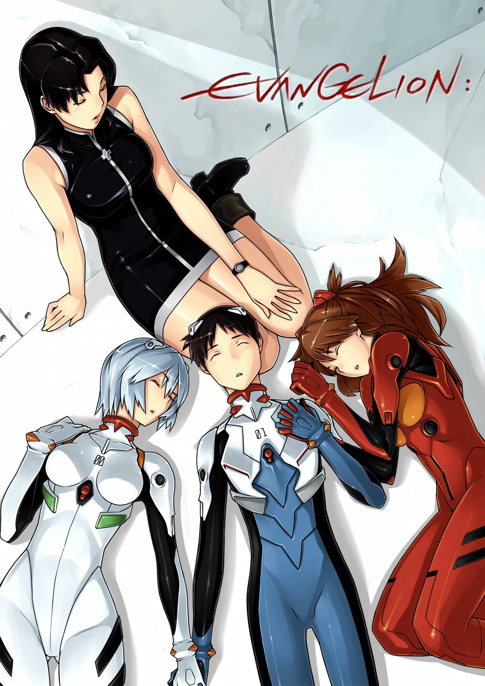 23 (real xxiii), ayanami rei, ikari shinji, katsuragi misato, souryuu asuka langley, neon genesis evangelion, black footwear, silver hair, highres, 1boy, 3girls, age difference, arm support, bare arms, bare legs, bare shoulders, black dress, black hair, blue bodysuit, bodysuit, boots, breasts, brown hair, closed eyes, closed mouth, copyright name, cross, cross necklace, double holding hands, dress, eyebrows hidden by hair, hair between eyes, harem, holding hands, interface headset (evangelion), jewelry, lap pillow, lips, long hair, lying, mecha pilot suit, medium breasts, multiple girls, necklace, older female and younger female, older female and younger male, on back, on floor, on side, open mouth, parted bangs, parted lips, pimp, plugsuit (evangelion), red bodysuit, shade, shadow, short dress, short hair, sitting, skin tight, sleeping, sleeveless, sleeveless dress, sleeveless turtleneck, small breasts, turtleneck, turtleneck dress, watch, white bodysuit, wristwatch, yokozuwari