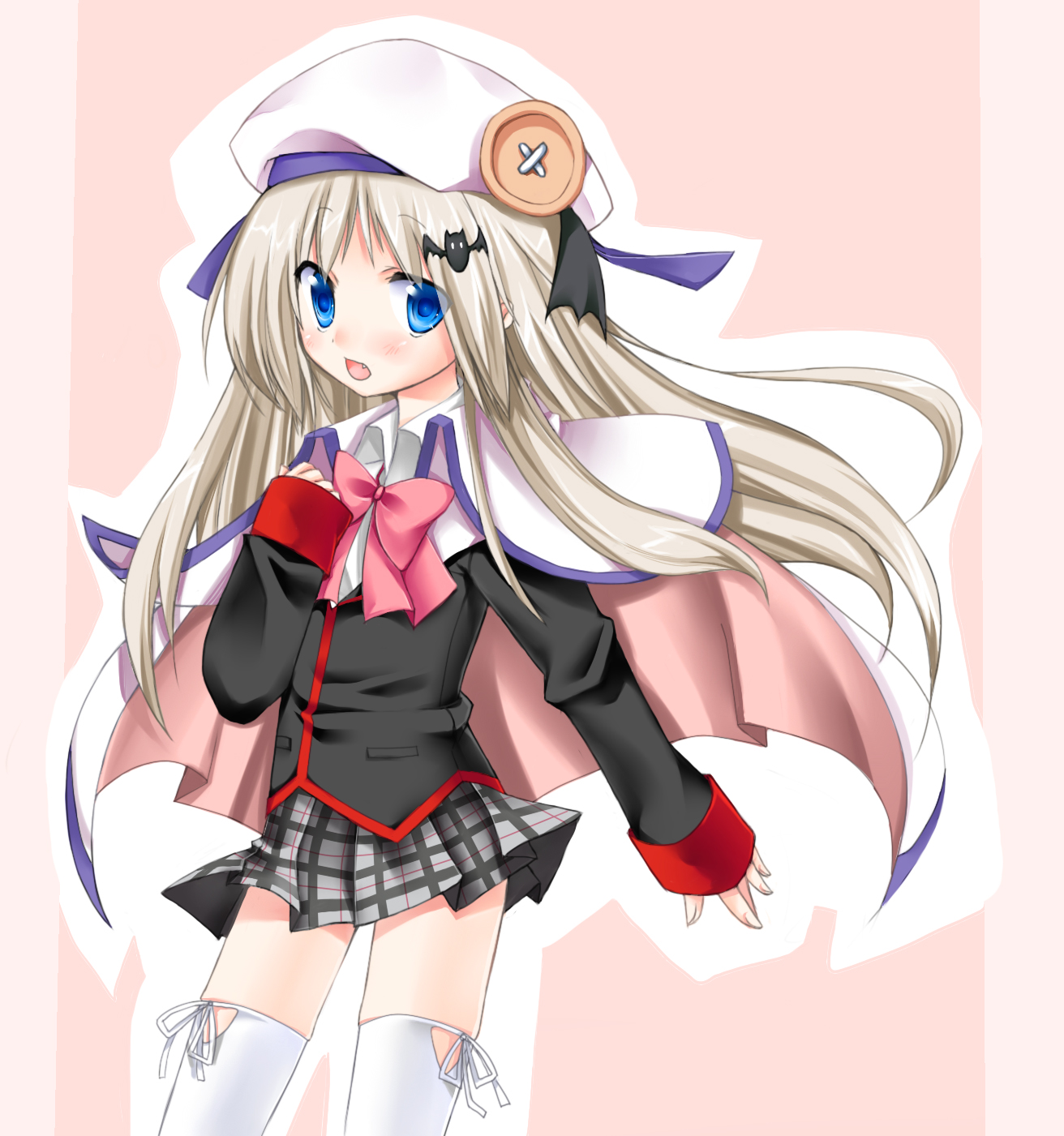 shino (sosuketo), noumi kudryavka, little busters!, silver hair, bad id, bad pixiv id, highres, 1girl, blue eyes, bow, cape, fang, female focus, hat, long hair, pink bow, plaid clothes, plaid skirt, school uniform, skirt, solo, thighhighs
