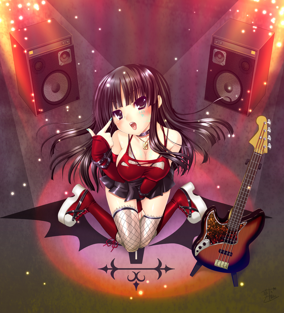 alto seneka, akiyama mio, k-on!, bad id, bad pixiv id, 00s, 1girl, aqua nails, bass guitar, black hair, blush, boots, breasts, choker, cleavage, female focus, fishnets, guitar, instrument, large breasts, legs, nail polish, open mouth, solo, speaker, thighhighs, tongue