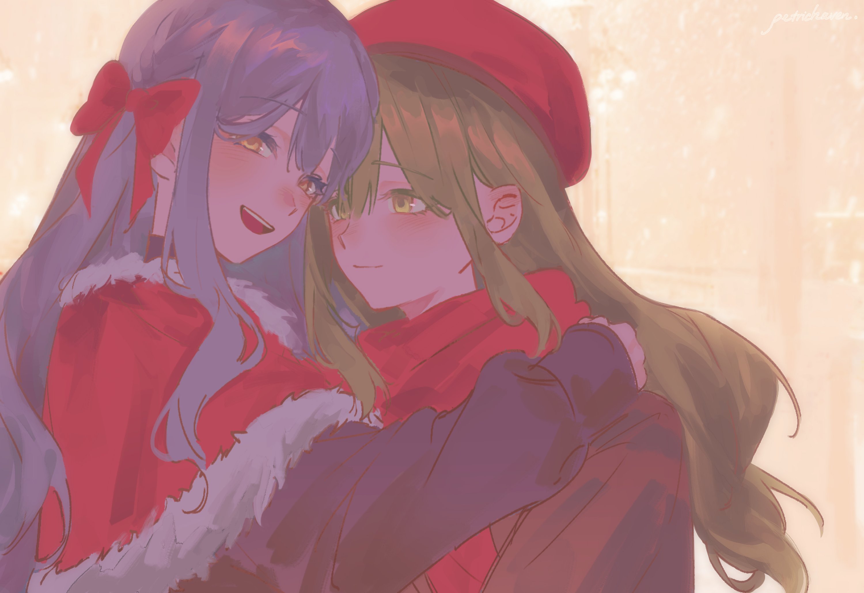 togawa sakiko, wakaba mutsumi, bang dream!, bang dream! it's mygo!!!!!, highres, 2girls, beret, blue hair, bow, capelet, closed mouth, geosmichi77, green hair, hair bow, hat, hug, long hair, long sleeves, looking at another, multiple girls, open mouth, red bow, scarf, smile, teeth, upper teeth only, yellow eyes, yuri