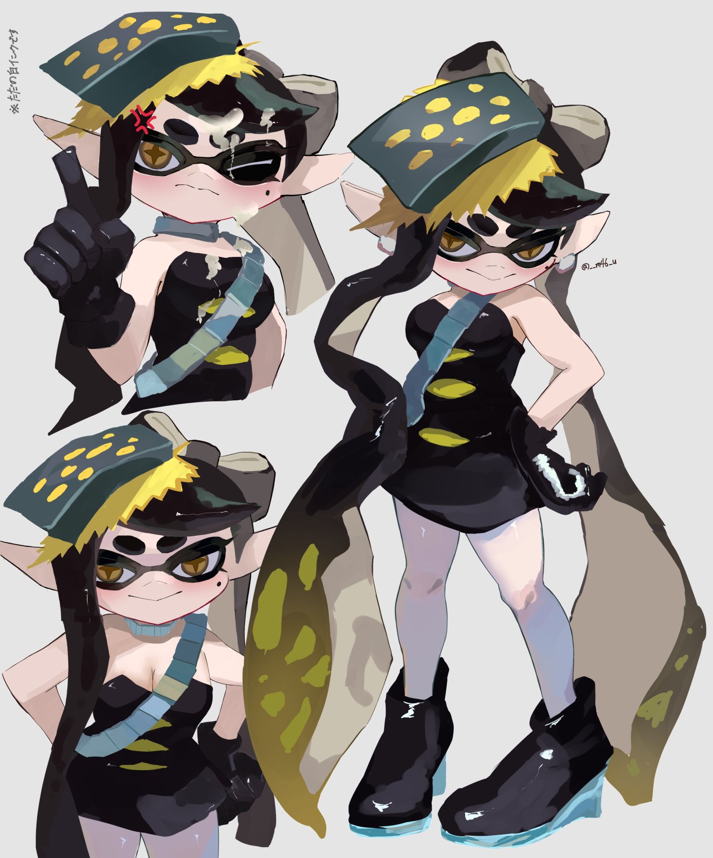 m46 u, callie (alterna) (splatoon), callie (splatoon), nintendo, splatoon (series), splatoon 3, commentary request, highres, 1girl, absurdly long hair, anger vein, black dress, black gloves, black hair, black shoes, blonde hair, bow-shaped hair, breasts, brown eyes, cleavage, closed mouth, cross-shaped pupils, cum, cum on body, dress, earrings, facial, gloves, hand on own hip, inkling, jewelry, long hair, long pointy ears, looking at viewer, mole, mole under eye, multiple views, pantyhose, pointy ears, shoes, smile, strapless, strapless dress, symbol-shaped pupils, tentacle hair, thick eyebrows, twintails, v, very long hair, white pantyhose