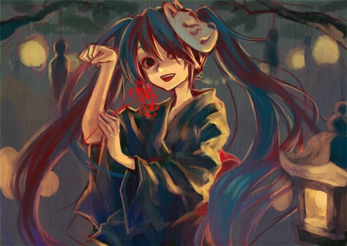 ama-tou, hatsune miku, musunde hiraite rasetsu to mukuro (vocaloid), vocaloid, bad id, bad pixiv id, 1girl, black eyes, black hair, female focus, flower, fox mask, japanese clothes, kimono, lamp, long hair, mask, night, paw pose, red flower, smile, solo, spider lily, twintails, yukata