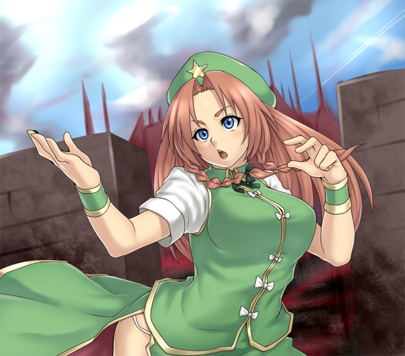 houtengeki, hong meiling, immaterial and missing power, touhou, wall, 1girl, armband, beret, blue eyes, bow, braid, brown hair, china dress, chinese clothes, cloud, day, dress, female focus, hat, mansion, panties, red hair, scarlet devil mansion, solo, twin braids, underwear