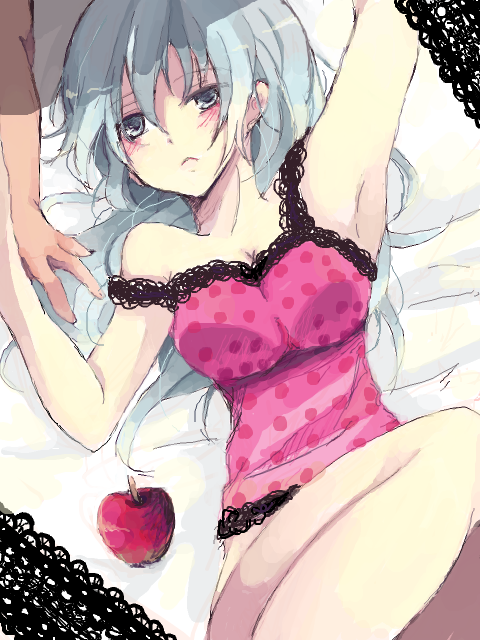 kokonoe (artist), kokonoe miya, hatsune miku, romeo to cinderella (vocaloid), vocaloid, bad id, bad pixiv id, :<, apple, aqua eyes, aqua hair, blush, camisole, food, fruit, long hair, lying, on back, solo