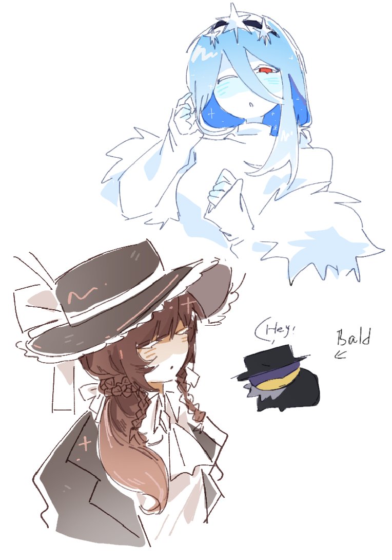 eunoia (frozen soul), mafioso (frozen soul), frozen soul, roblox, commentary, english commentary, 1boy, 2girls, alternate skin color, ascot, black hat, blue blush, blue hair, blush, braid, brown hat, brown jacket, closed eyes, collared shirt, colored skin, dress, hat, hong tanght, jacket, lapels, long hair, looking at viewer, multiple girls, nashatra bealdhild, notched lapels, one eye closed, shirt, simple background, white ascot, white background, white dress, white shirt, white skin, yellow skin