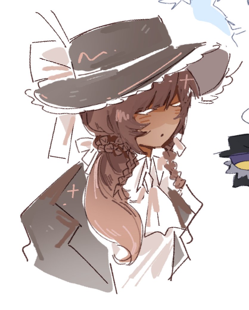 frozen soul, roblox, commentary, english commentary, 1girl, ascot, bow, braid, brown hair, brown hat, brown jacket, closed eyes, collared shirt, dark-skinned female, dark skin, hat, hat bow, hong tanght, jacket, long hair, nashatra bealdhild, parted lips, shirt, simple background, solo, upper body, white ascot, white background, white bow, white shirt