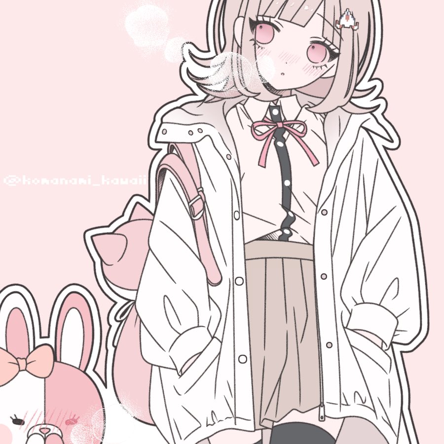 komanami kawaii, monomi (danganronpa), nanami chiaki, danganronpa (series), danganronpa 2: goodbye despair, commentary request, 1girl, :o, animal bag, blush, bow, brown hair, brown skirt, cowboy shot, ear bow, flipped hair, hair ornament, hood, jacket, long sleeves, looking at viewer, medium hair, neck ribbon, open clothes, open jacket, outline, pink bag, pink eyes, pink ribbon, pleated skirt, ribbon, shirt, shirt tucked in, skirt, two-tone shirt, white jacket, white outline, white shirt