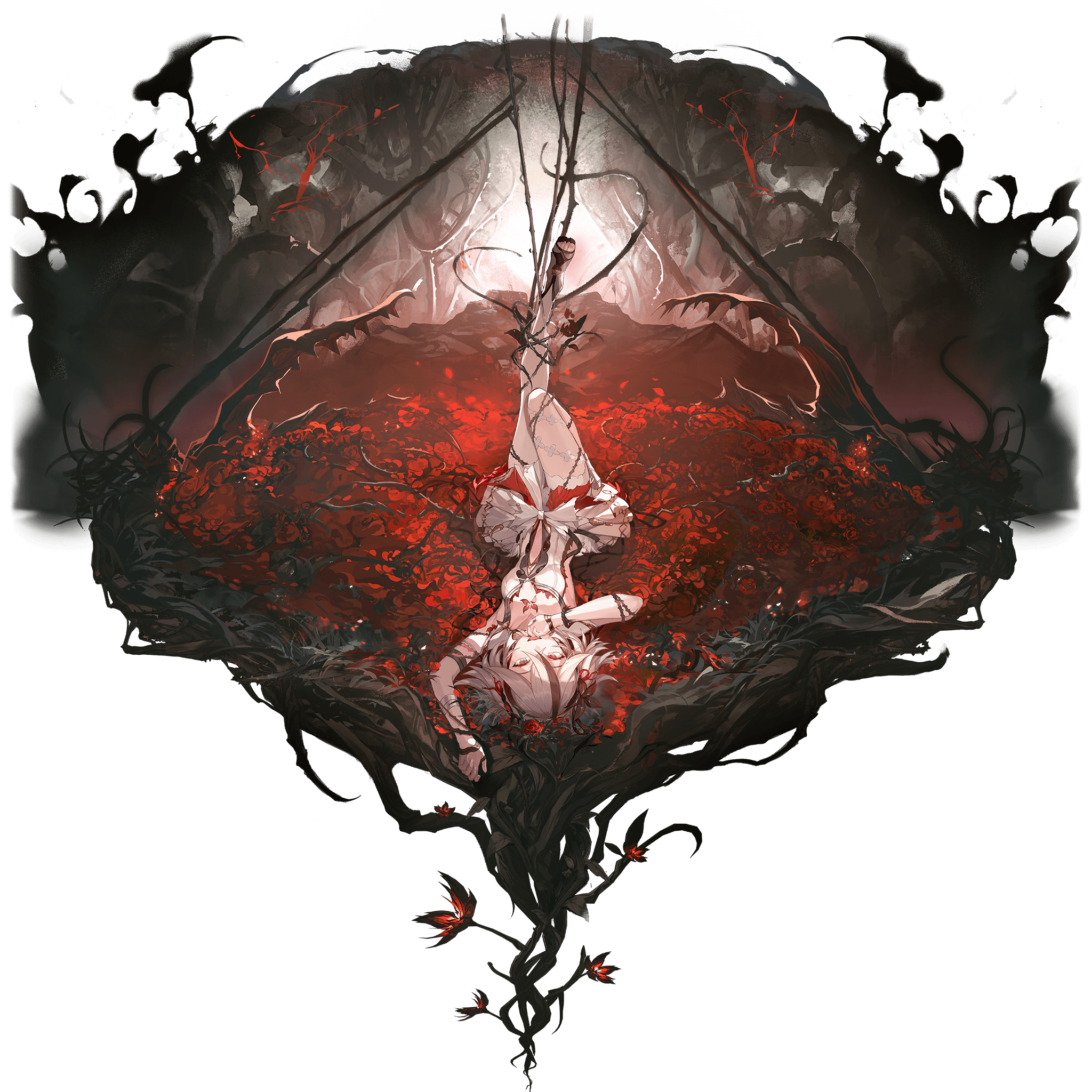 wuthering waves, highres, official art, 1girl, arm up, asymmetrical clothes, black flower, black ribbon, blake bloom (wuthering waves), breasts, clothing cutout, collar, dress, fangs, flower, flower on chest, full body, hair between eyes, hair flower, hair ornament, hair ribbon, hair vines, hand to own mouth, knee up, leg up, looking at viewer, lying, multicolored hair, navel, on back, open mouth, outstretched leg, pants, plant, red flower, red pupils, red ribbon, red rose, ribbon, rose, short hair, sideless dress, single pantsleg, small breasts, smile, solo, stomach cutout, streaked hair, tacet mark (wuthering waves), thorns, transparent background, vines, white collar, white dress, white hair, white pants