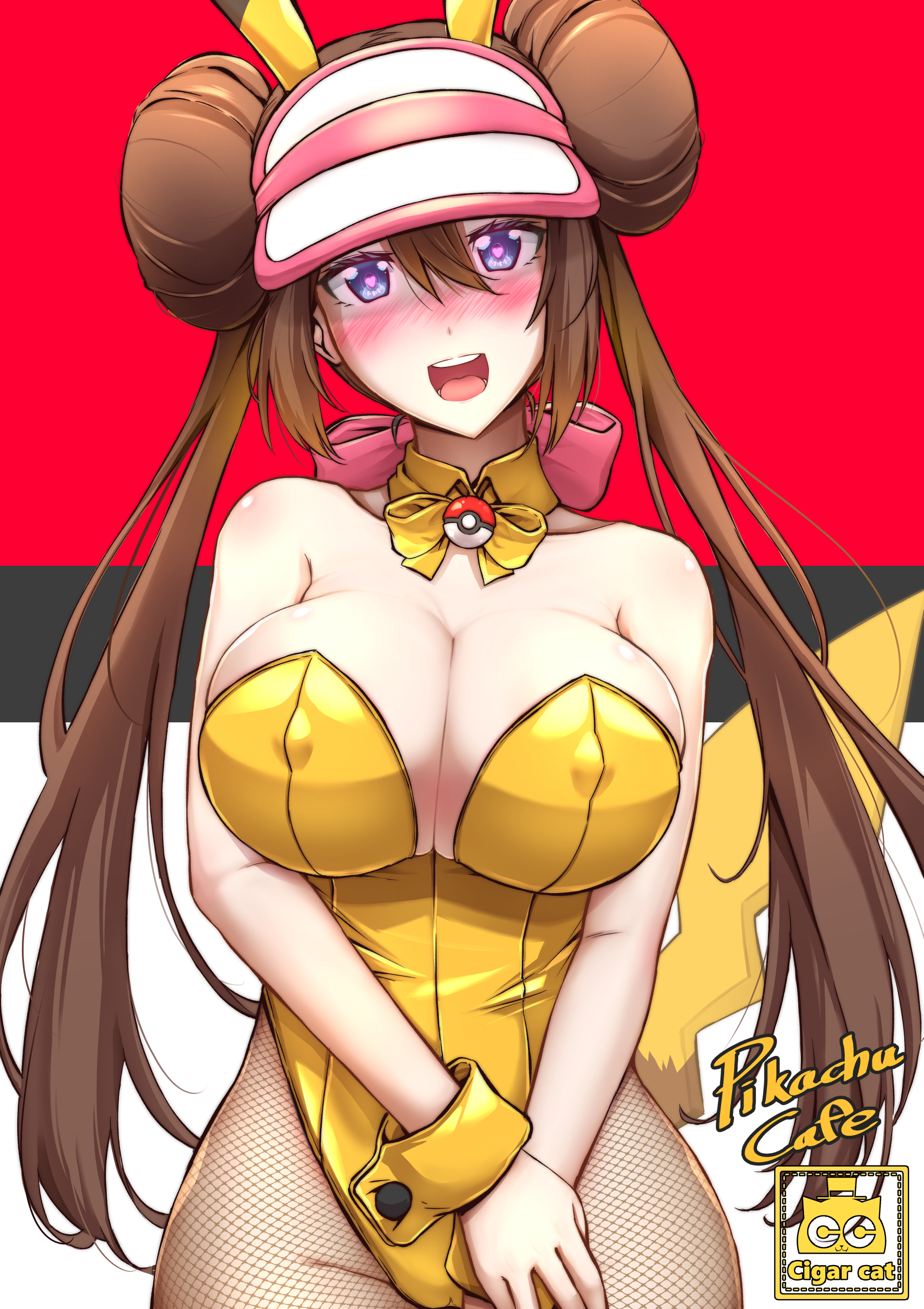 cigar cat, pikachu, rosa (pokemon), nintendo, pokemon, pokemon bw2, absurdres, commentary, highres, symbol-only commentary, 1girl, animal ears, artist name, bare shoulders, black leotard, blue eyes, breasts, cleavage, collarbone, cosplay, cowboy shot, donut hair bun, double bun, fake animal ears, fake tail, fishnet pantyhose, fishnets, gen 1 pokemon, hair bun, heart, heart-shaped pupils, large breasts, leotard, open mouth, pantyhose, pikachu (cosplay), playboy bunny, solo, strapless, strapless leotard, symbol-shaped pupils, tail, twintails, yellow leotard, yellow tail