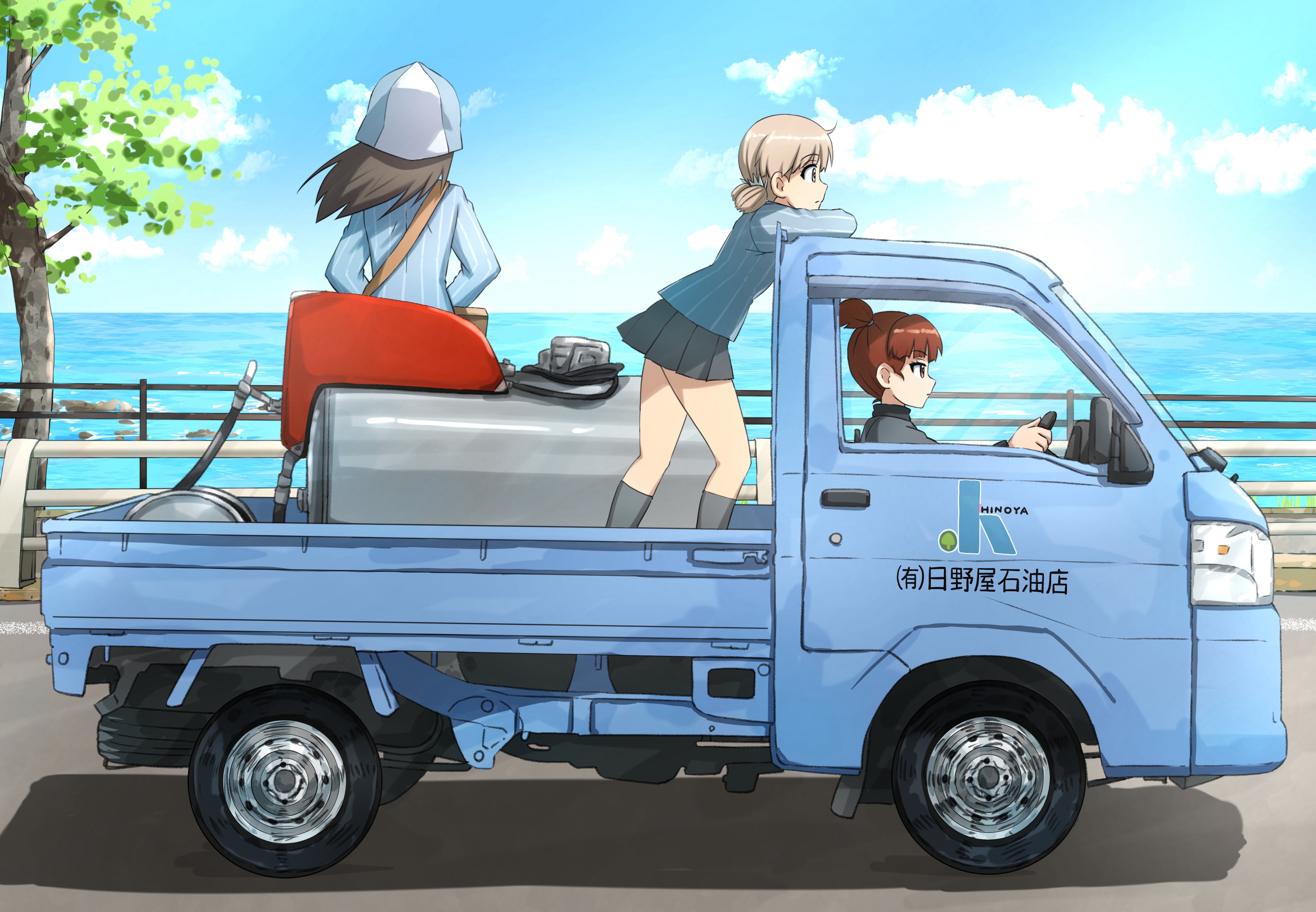omachi (slabco), aki (girls und panzer), mika (girls und panzer), mikko (girls und panzer), girls und panzer, absurdres, commentary request, highres, 3girls, back, black skirt, black socks, blonde hair, blue jacket, blue sky, brown hair, cloud, cloudy sky, driving, jacket, keizoku military uniform, long hair, looking back, motor vehicle, multiple girls, ocean, outdoors, red hair, short hair, sitting, skirt, sky, socks, standing, tree, truck, twintails