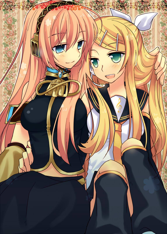 tamura hiro, kagamine rin, kagamine rin (future style), megurine luka, vocaloid, bad id, bad pixiv id, 2girls, alternate hairstyle, blonde hair, blue eyes, blush, green eyes, headphones, headset, long hair, midriff, multiple girls, pink hair, skirt, smile