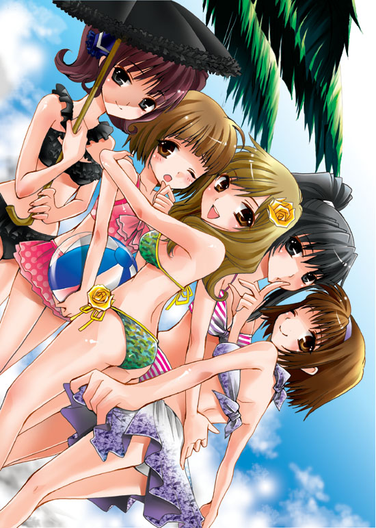 shinogiri zun, fujimiya momoka, gotou miya, mishima ichiru, tomoe sayo, yamada ayano, keitai shoujo, bad id, bad pixiv id, 5girls, ball, beachball, bikini, black eyes, black hair, brown eyes, brown hair, day, dutch angle, flower, long hair, multiple girls, palm tree, parasol, ponytail, rose, short hair, swimsuit, tree, twintails, umbrella