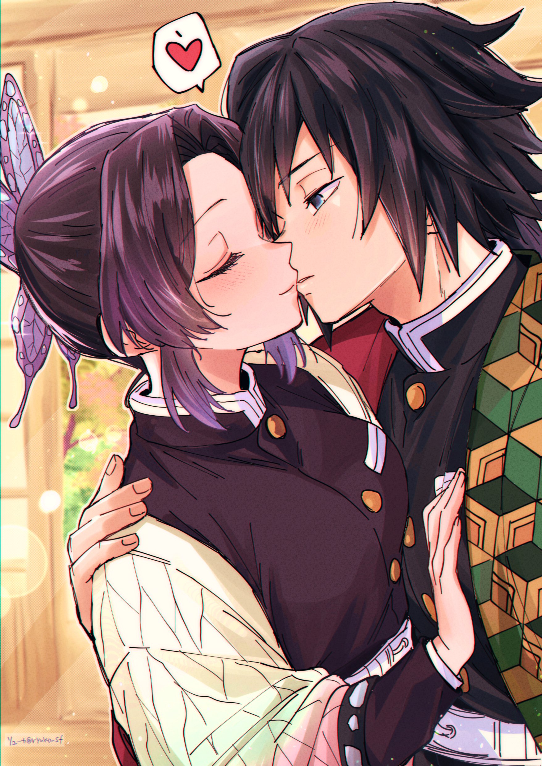 chiroru shimai, kochou shinobu, tomioka giyuu, kimetsu no yaiba, absurdres, commentary request, highres, 1boy, 1girl, black hair, black jacket, blue eyes, breasts, butterfly hair ornament, closed mouth, demon slayer uniform, hair ornament, haori, heart, jacket, japanese clothes, large breasts, long hair, long sleeves, looking at another, multicolored hair, parted bangs, purple eyes, purple hair, short hair, smile, spiked hair, spoken heart