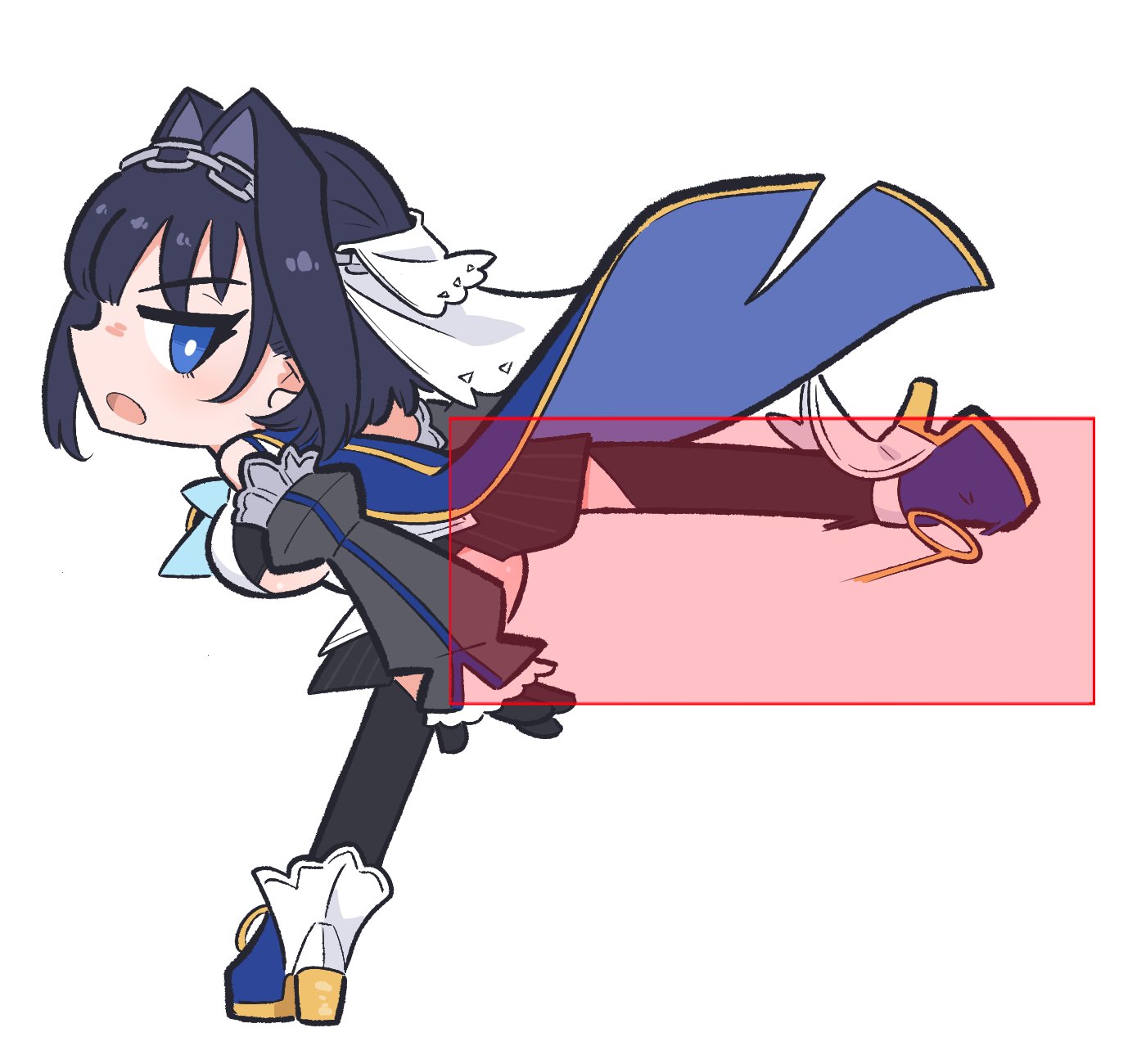 oscar get, mikado (blazblue), ouro kronii, blazblue, highres, 1girl, black skirt, black thighhighs, blue eyes, breasts, fighting game, full body, hair intakes, hitbox, kicking, short hair, simple background, skirt, solo, standing, standing on one leg, thighhighs, white background