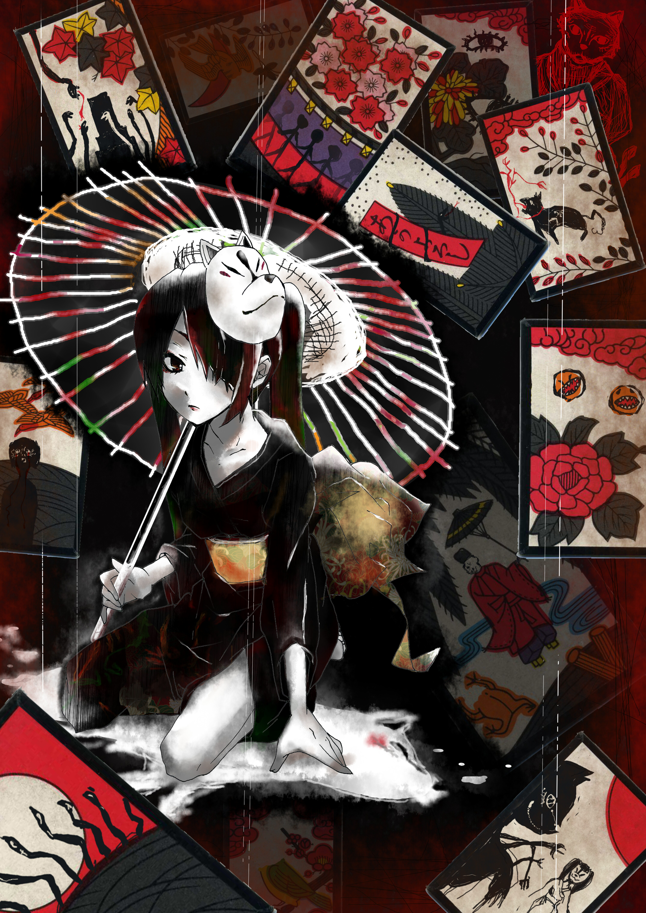 tomozero, hatsune miku, musunde hiraite rasetsu to mukuro (vocaloid), vocaloid, absurdres, bad id, bad pixiv id, highres, 1girl, black eyes, black hair, female focus, fox mask, ghost, hanafuda, japanese clothes, kimono, long hair, mask, oil-paper umbrella, pale skin, skull, solo, twintails, umbrella, yukata