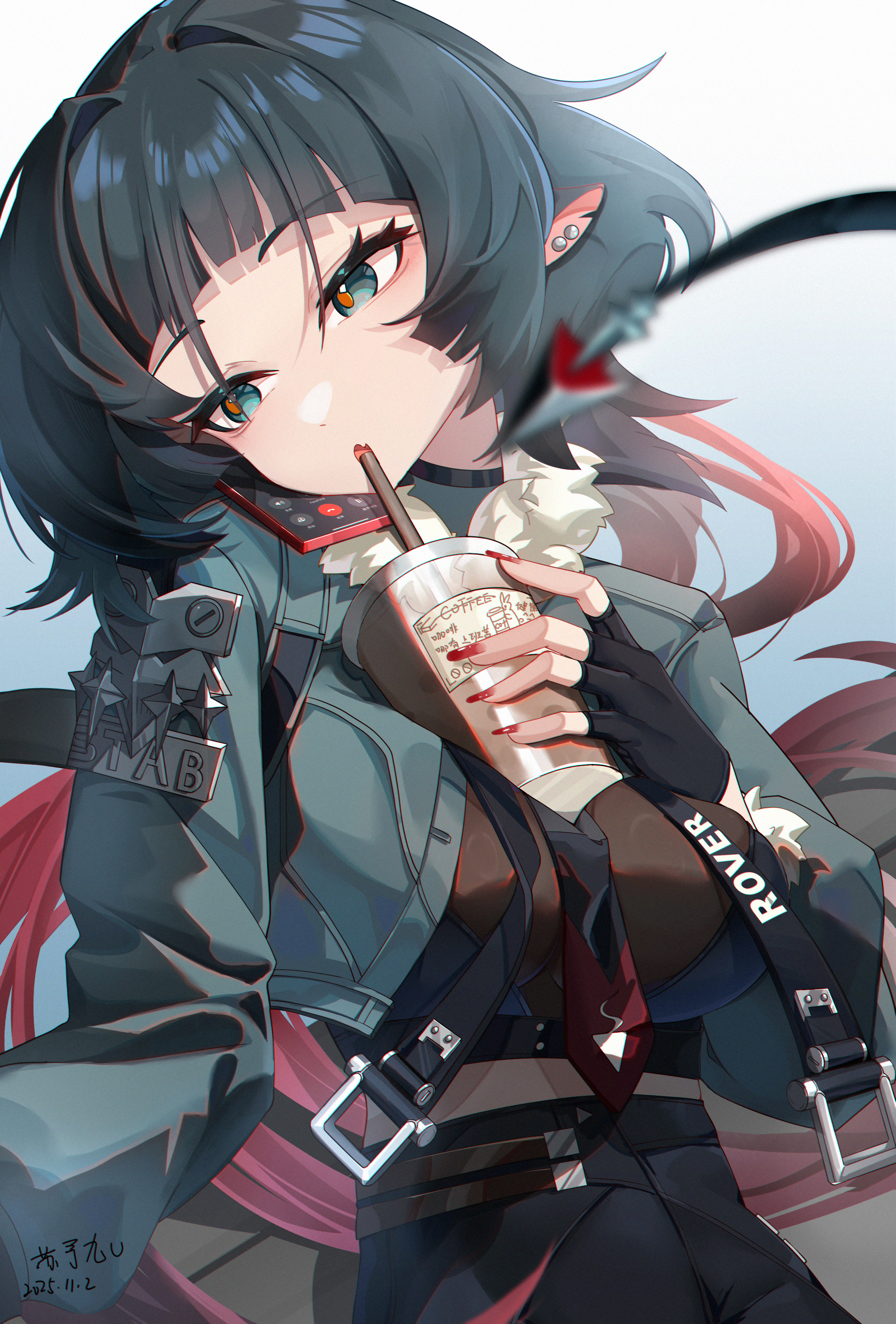 suyujiu u, jane doe (zenless zone zero), zenless zone zero, absurdres, commentary request, highres, 1girl, animal ear piercing, animal ears, black gloves, black hair, black necktie, black shorts, blue background, blue eyes, bodystocking, breasts, cellphone, cup, dated, drink, drinking straw, fang, fingerless gloves, fur-trimmed jacket, fur trim, gloves, grey jacket, head tilt, high-waist shorts, holding, holding cup, jacket, large breasts, long hair, mouse ears, mouse girl, multicolored hair, necktie, notched ear, open mouth, orange pupils, phone, red hair, red nails, red necktie, shorts, skin fang, smartphone, solo, talking on phone, two-tone necktie, upper body