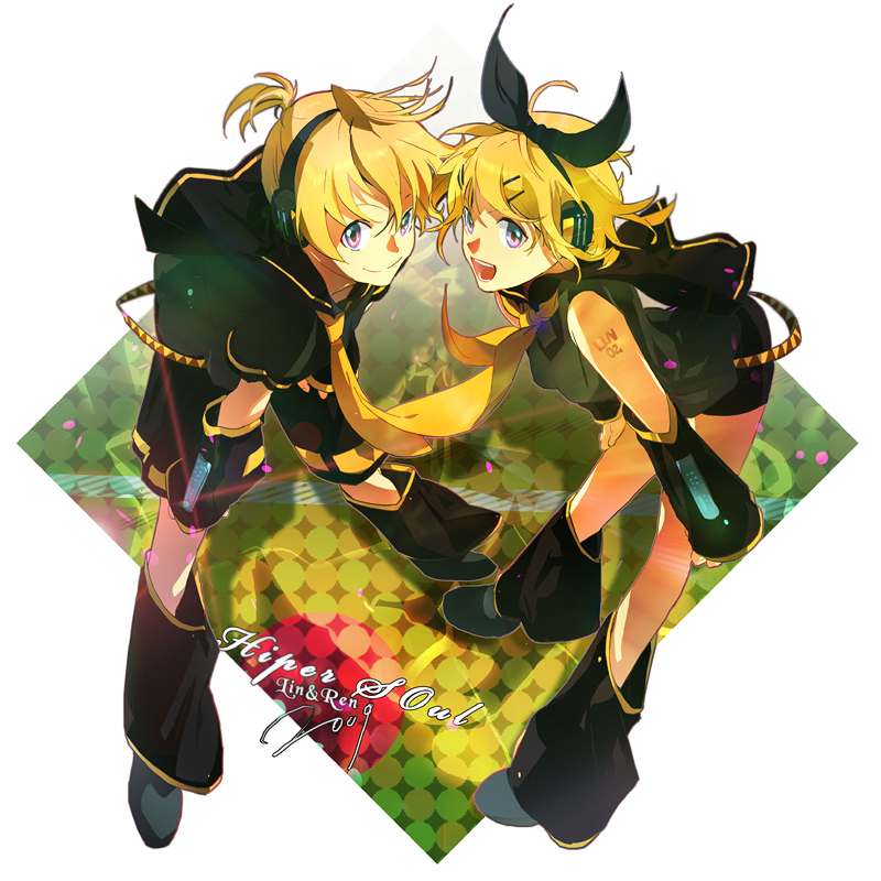 zis, kagamine len, kagamine rin, vocaloid, bad id, bad pixiv id, 1boy, 1girl, blonde hair, blue eyes, brother and sister, hair ornament, hair ribbon, hairclip, headphones, necktie, ribbon, short hair, shorts, siblings, smile, twins, yellow necktie