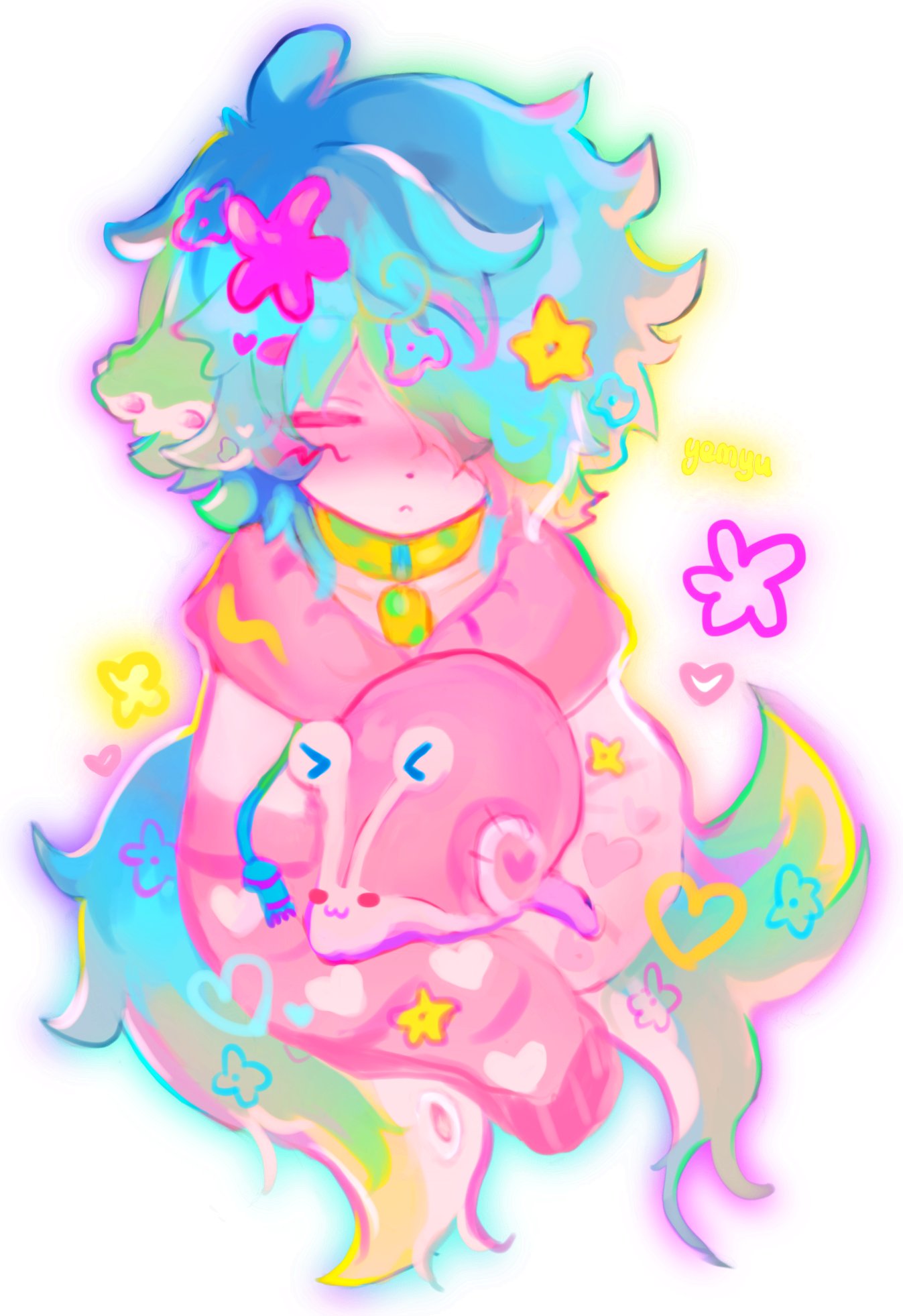 cloud (lufaeris), original, commentary, highres, 1boy, animal, blue hair, closed eyes, closed mouth, gradient hair, hair ornament, hair over one eye, heart, hood, hood down, hoodie, long hair, male focus, multicolored hair, one eye covered, parted bangs, pink hoodie, snail, solo, star (symbol), star hair ornament, white background