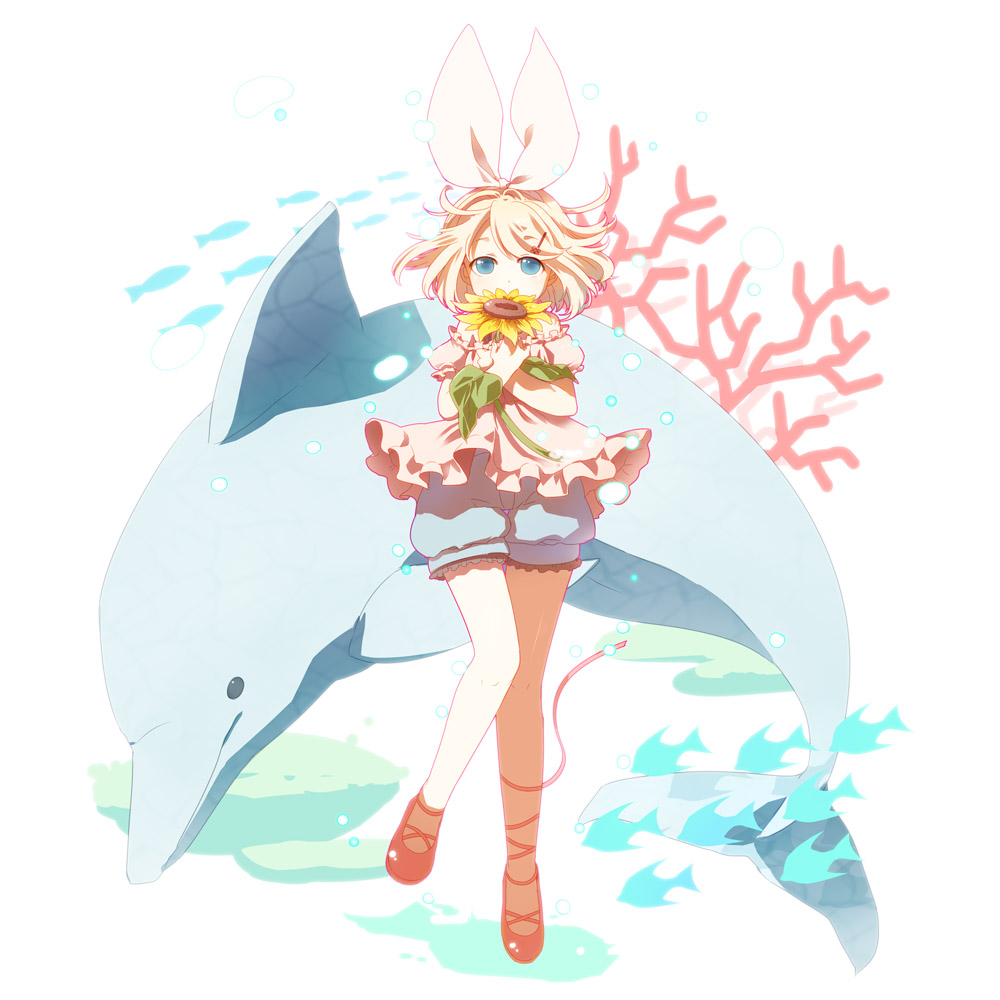 chaba (hortensia), kagamine rin, vocaloid, bad id, bad pixiv id, blonde hair, blue eyes, dolphin, flower, hair ornament, hair ribbon, hairclip, ribbon, short hair, shorts, solo, sunflower