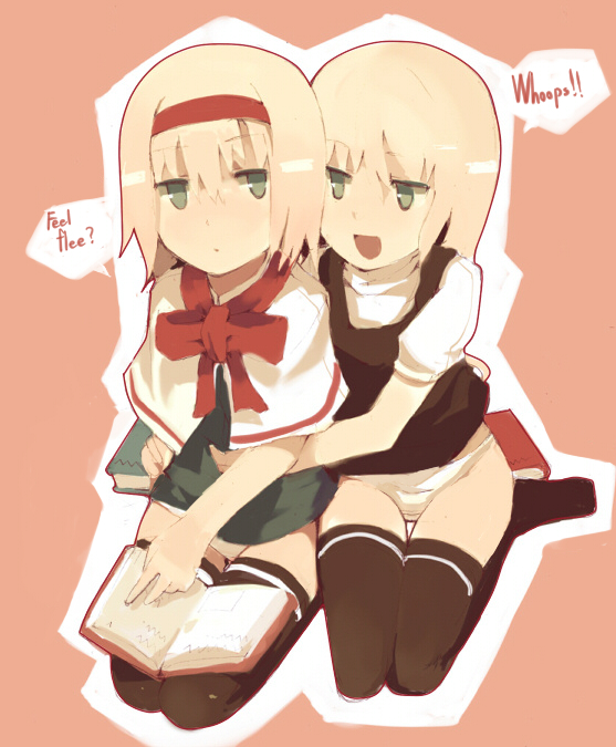 fuukadia (narcolepsy), alice margatroid, kirisame marisa, touhou, bad id, bad pixiv id, 2girls, blonde hair, book, bottomless, capelet, english text, engrish text, female focus, green eyes, hairband, kneeling, multiple girls, no pants, panties, ranguage, seiza, short hair, sitting, thighhighs, underwear, yuri