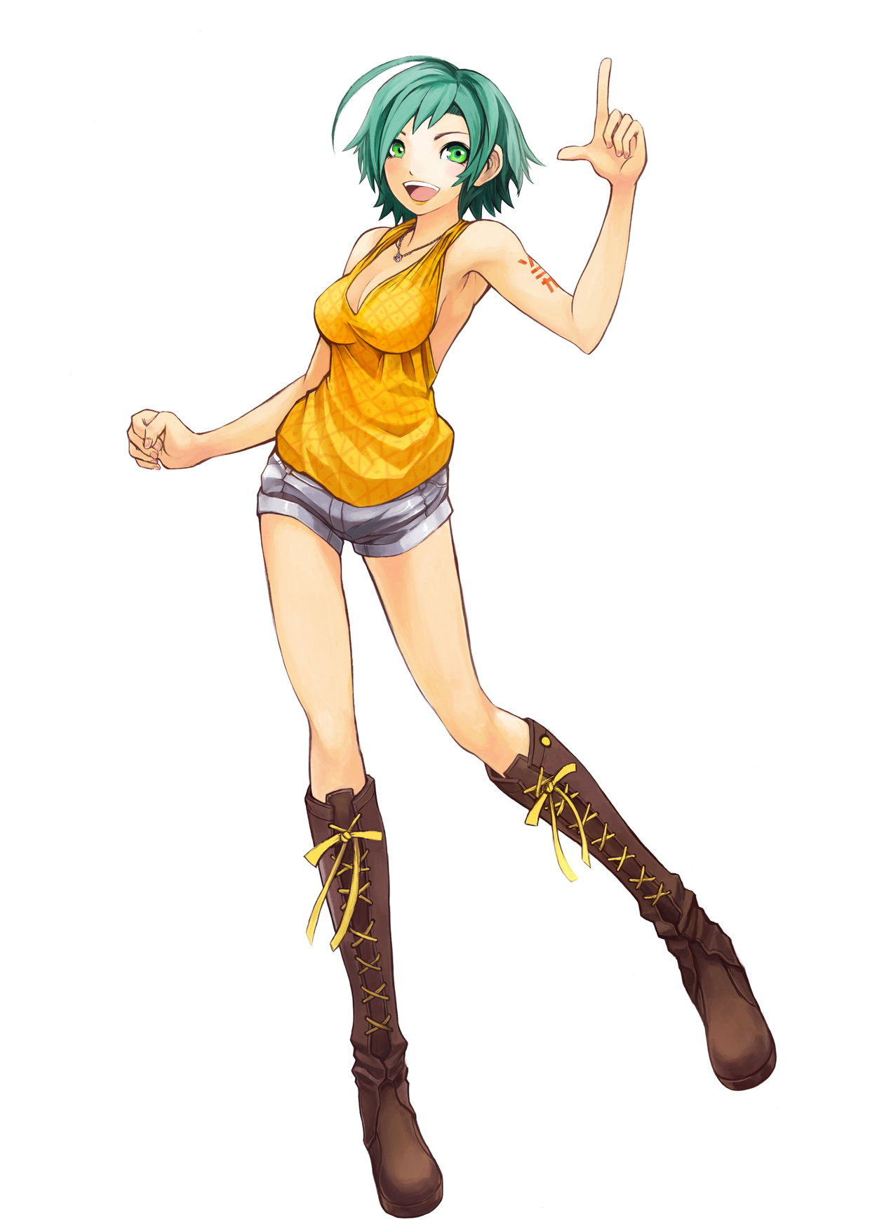 cpux4, sonika, vocaloid, highres, 1girl, ahoge, boots, breasts, cleavage, fashion, female focus, full body, green eyes, green hair, large breasts, matching hair/eyes, nail polish, pink nails, short hair, short shorts, shorts, simple background, smile, solo