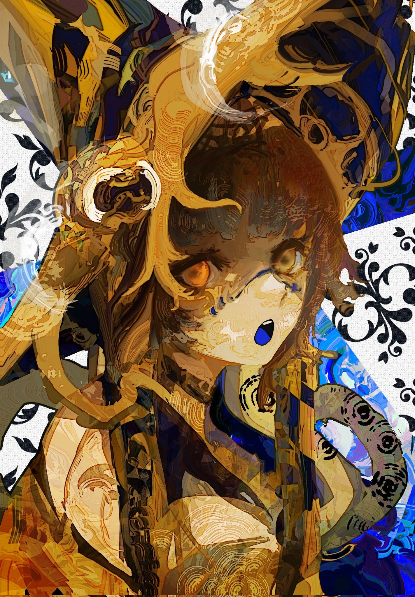 kevin adi, original, commentary, english commentary, highres, 1girl, :o, blue tongue, colored tongue, hat, looking at viewer, solo, white background, wizard hat, yellow eyes