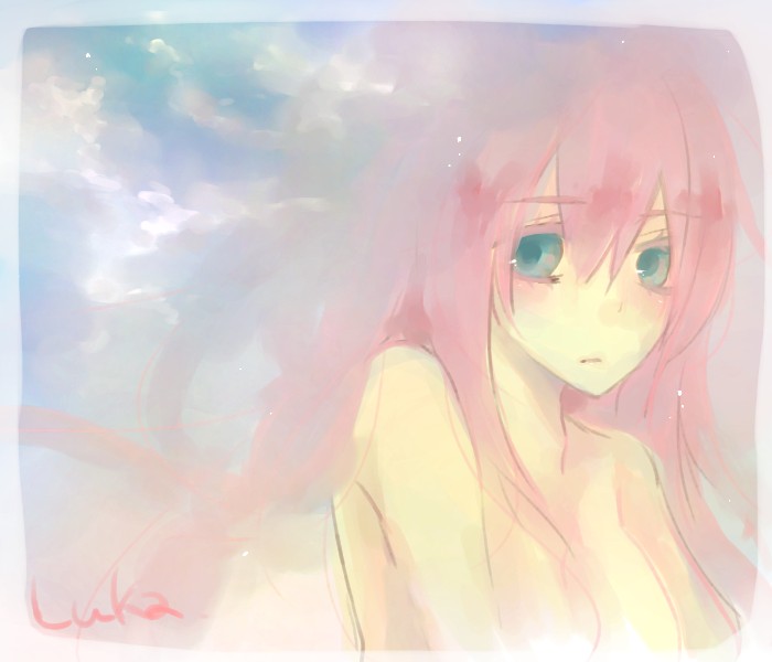 rinne-a, megurine luka, vocaloid, bad id, bad pixiv id, 1girl, aqua eyes, female focus, gradient background, long hair, pink hair, sky, solo, topless female