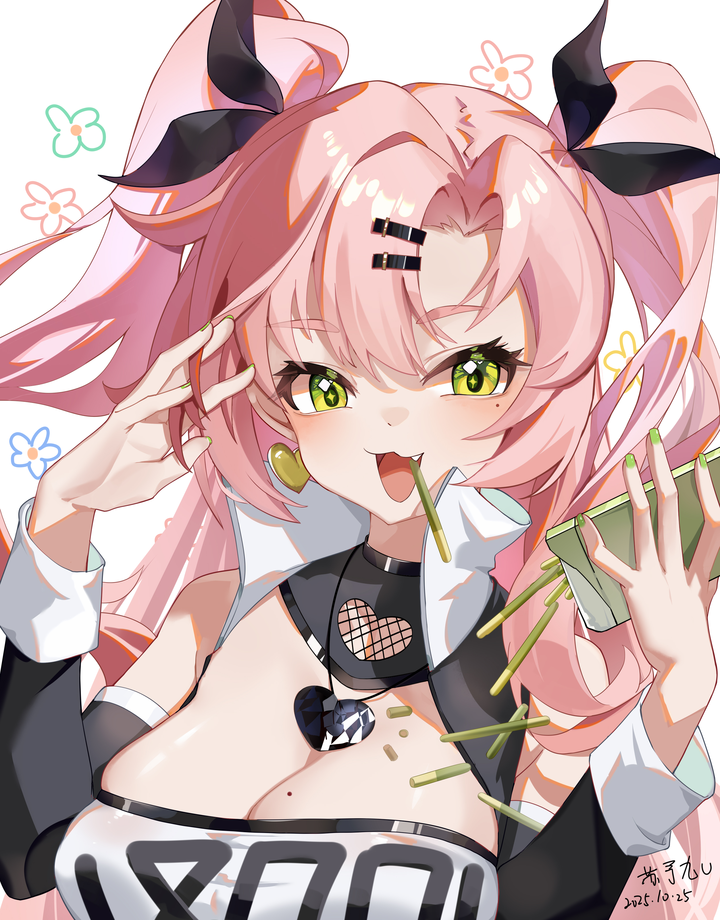 suyujiu u, nicole demara, zenless zone zero, absurdres, commentary request, highres, 1girl, bare shoulders, black ribbon, breasts, cleavage, clothing cutout, earrings, fang, floral print, food, food in mouth, green eyes, green nails, hair ornament, hairclip, hands up, happy aura, heart, heart earrings, heart necklace, jewelry, large breasts, long hair, mole, mole on breast, mole under eye, necklace, open mouth, pink hair, pocky, pocky in mouth, ribbon, shoulder cutout, solo, sparkling eyes, strapless, tube top, two side up, upper body, white background, white tube top