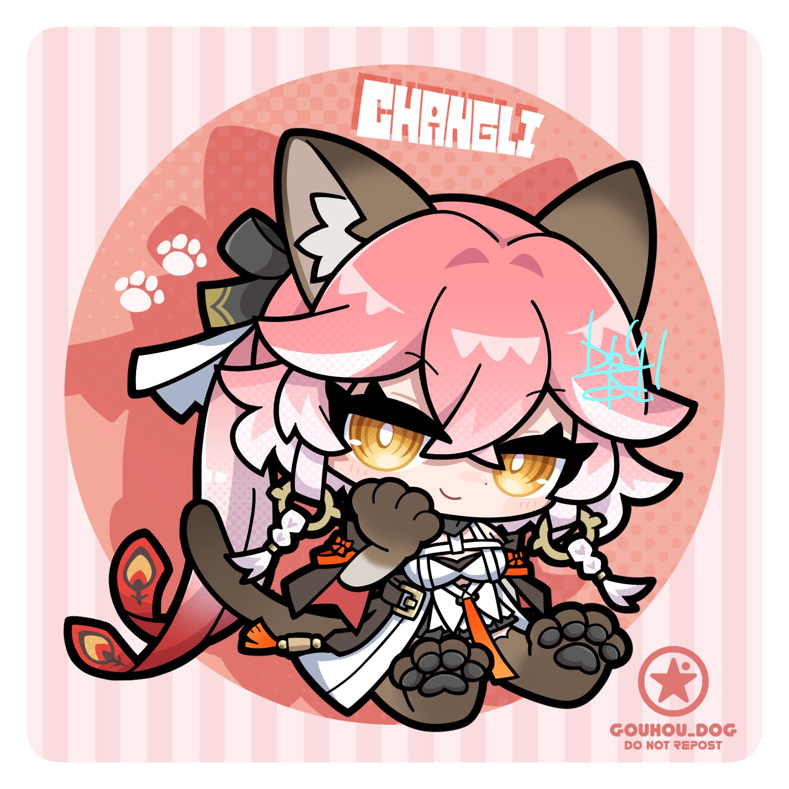 dog-san, changli (wuthering waves), wuthering waves, commentary request, highres, 1girl, animal ear fluff, animal ears, animal feet, animal hands, artist logo, breasts, cat ears, cat tail, character name, closed mouth, dress, feather hair, hair extensions, kemonomimi mode, logo, long hair, looking at viewer, medium breasts, multicolored hair, pink hair, ring hair extensions, sitting, smile, solo, tail, twintails, two-tone hair, very long hair, white dress, white hair, yellow eyes