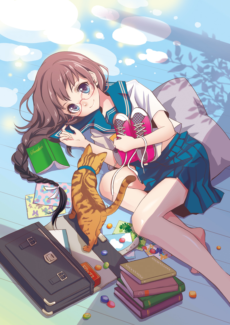inoue takako, original, bookbag, bag, barefoot, blue eyes, book, braid, brown hair, cat, glasses, long hair, lying, on side, school uniform, serafuku, shoes, single braid, smile, sneakers, solo