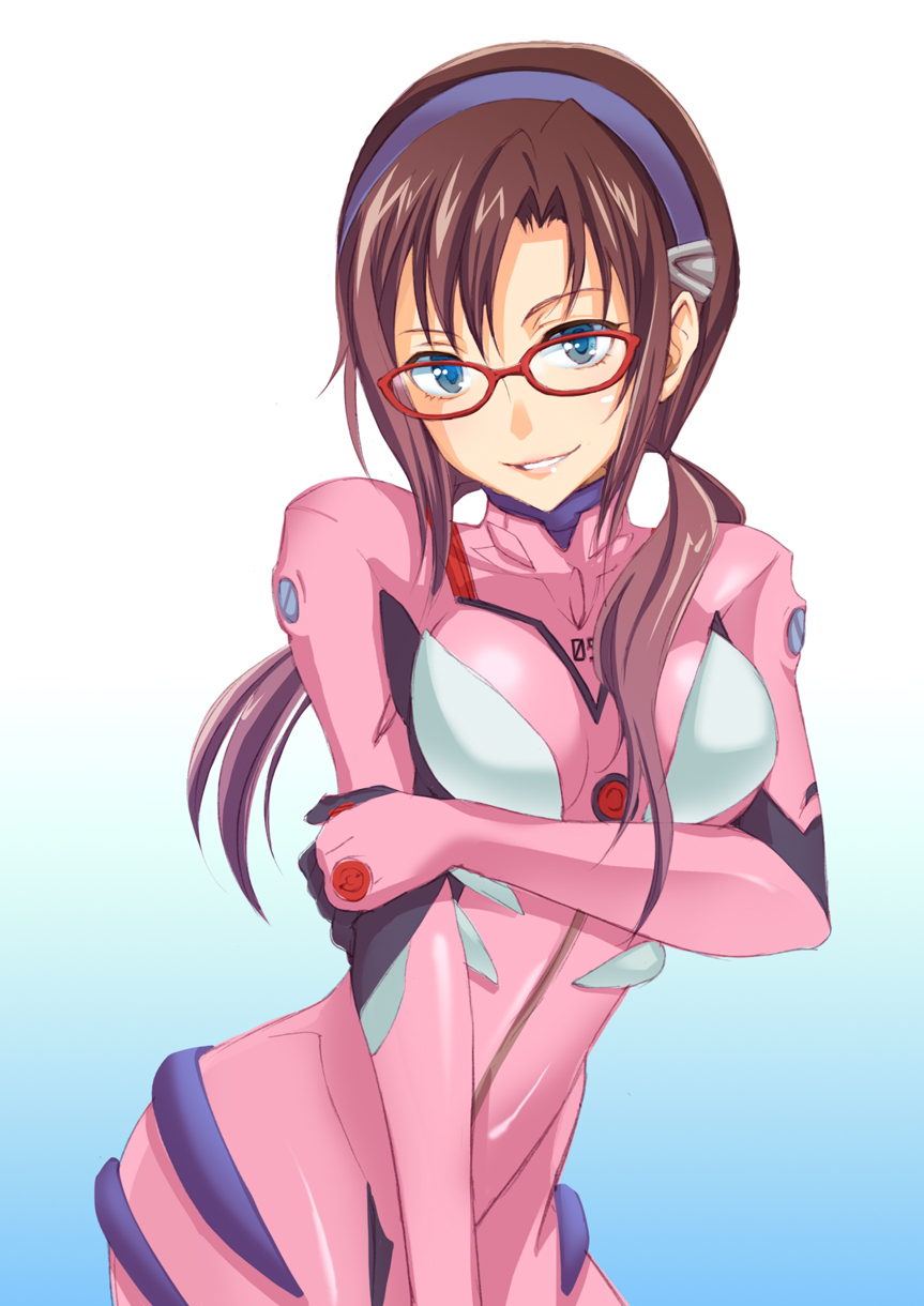 inoue takako, makinami mari illustrious, evangelion: 2.0 you can (not) advance, neon genesis evangelion, rebuild of evangelion, highres, 00s, 1girl, breasts, brown hair, female focus, glasses, gradient background, hairband, long hair, mecha pilot suit, plugsuit (evangelion), smile, solo, twintails