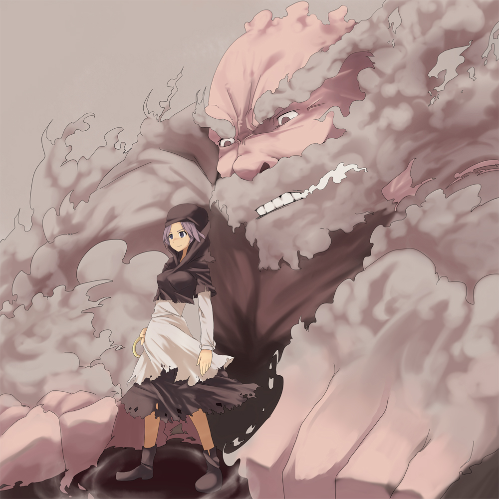 mieharu, kumoi ichirin, unzan, touhou, 1girl, blue eyes, bracelet, cloud, hood, jewelry, purple hair, red eyes, ring, short hair