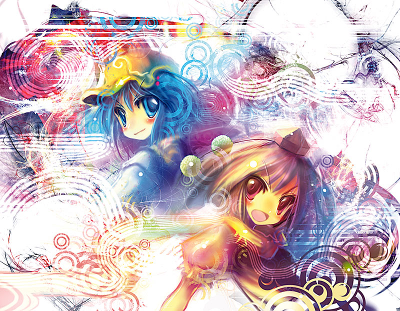 tanaka ken'ichi, kawashiro nitori, shameimaru aya, touhou, silver hair, 2girls, :d, blue eyes, blue hair, blush, female focus, hat, long sleeves, looking at viewer, multiple girls, open mouth, pom pom (clothes), short hair, smile, tareme, tokin hat, twintails, two side up