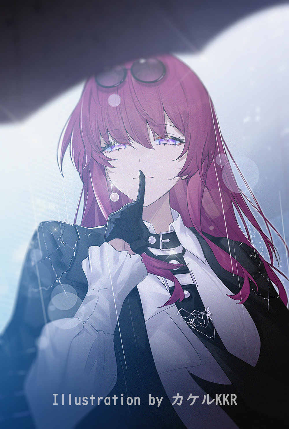 srpzk, kafka (honkai: star rail), honkai: star rail, honkai (series), highres, 1girl, alternate costume, alternate hair length, alternate hairstyle, artist name, black gloves, black jacket, black necktie, breasts, eyewear on head, finger to mouth, glasses, gloves, hand up, index finger raised, jacket, long hair, looking at viewer, medium breasts, necktie, outdoors, pince-nez, purple eyes, purple hair, rain, round eyewear, shirt, shushing, solo, sunglasses, umbrella, upper body, white shirt