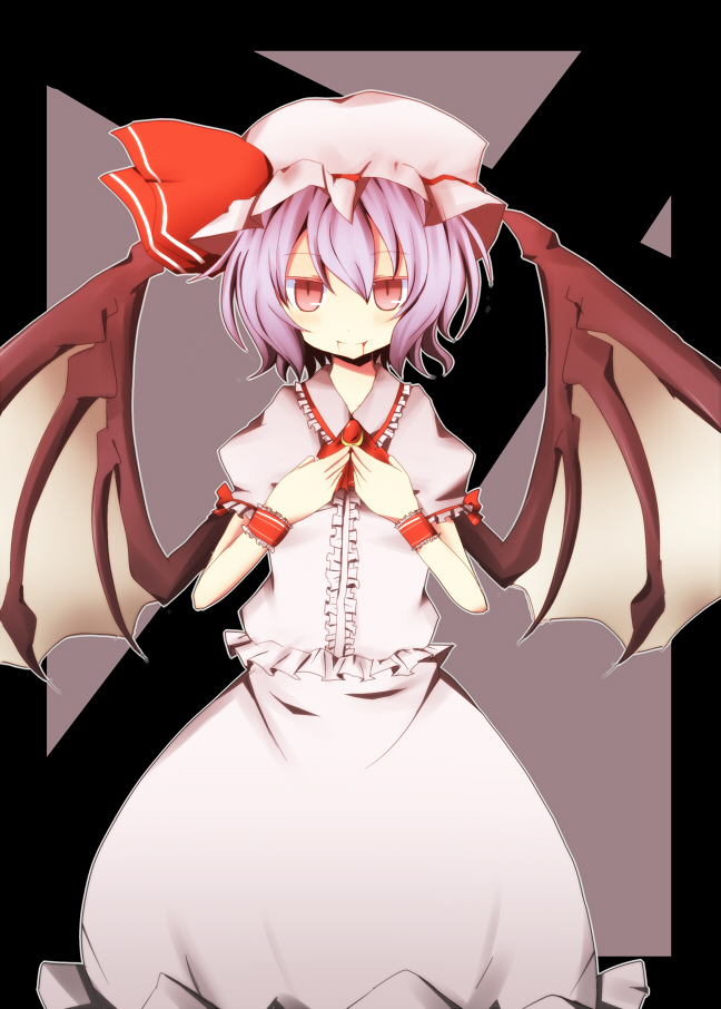 pasutel, postel (pixiv), remilia scarlet, touhou, bad id, bad pixiv id, 1girl, bat wings, blood, dress, female focus, hat, pink eyes, purple hair, short hair, smile, solo, wings, wrist cuffs