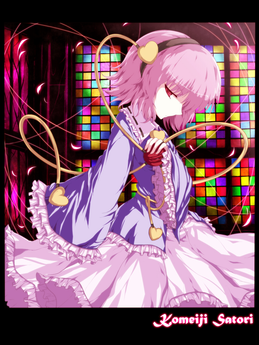 isa, komeiji satori, touhou, bad id, bad pixiv id, highres, 1girl, expressionless, female focus, from side, long sleeves, looking at viewer, looking to the side, pink hair, profile, red eyes, short hair, solo, stained glass, standing, string, third eye